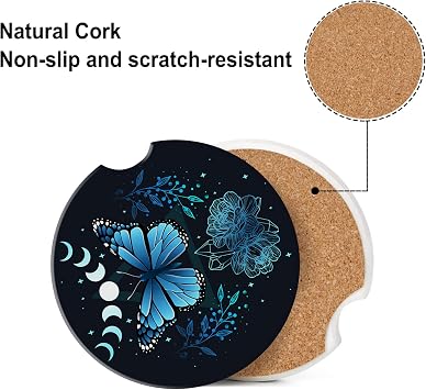 Car Cup Coaster Butterfly Abstract Mystic Sign Blue Car Coaster for Cup Holders Universal Non-Slip Ceramic Vehicle Interior Accessories 2 Pack 2.56 Inch