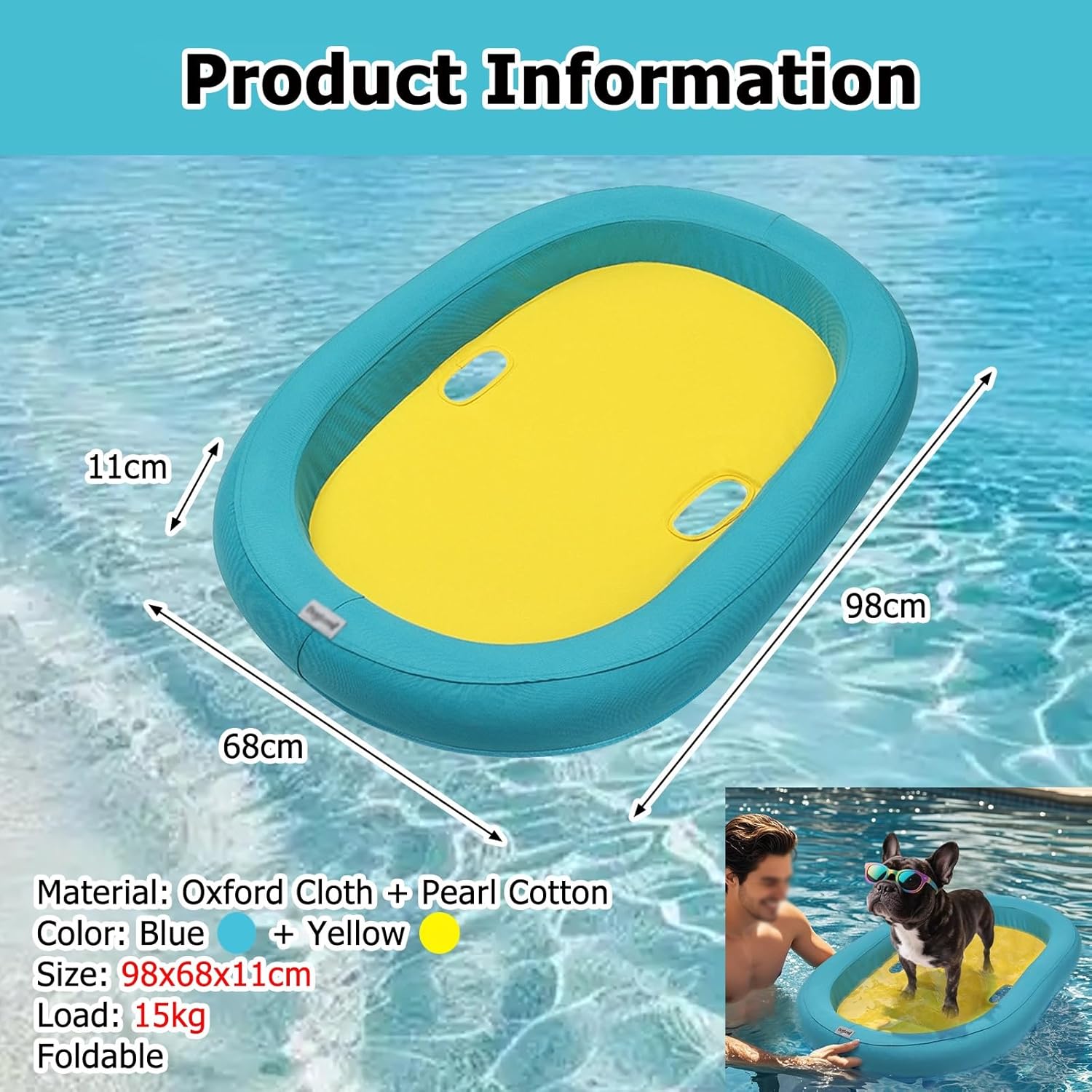 Small Dog Water Ramp, 98cm No Inflatable Waterproof Pet Dock Platform with 2 Drainage Ports Foldable, Load 15kg Portable Swimming Dog Pool Float, High Buoyancy