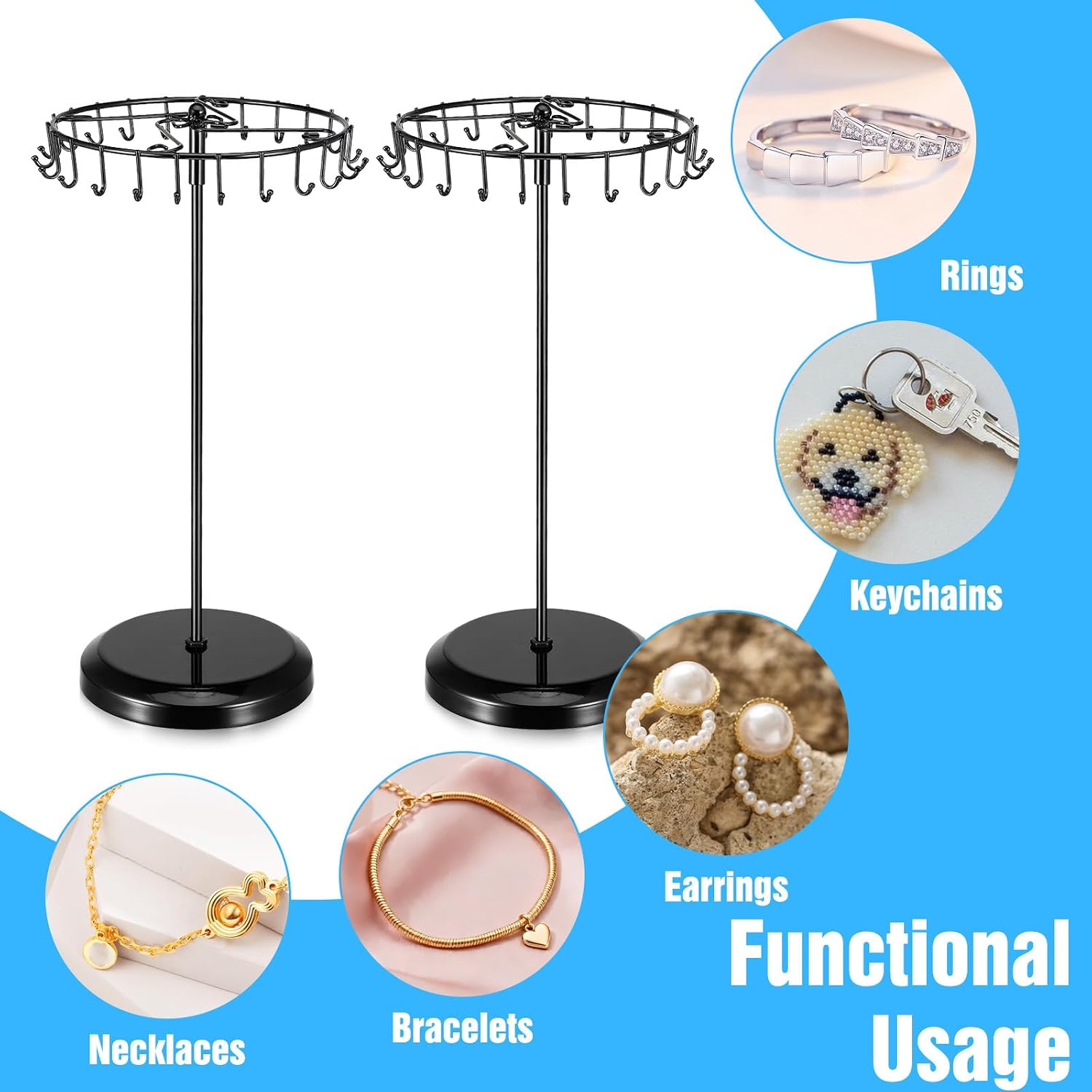 2 Pack Rotating Jewelry Tree Stand, 14.38-Inch Metal Necklace Holder Organizer with 23 Hooks for Tangle-Free Display, Black image 5