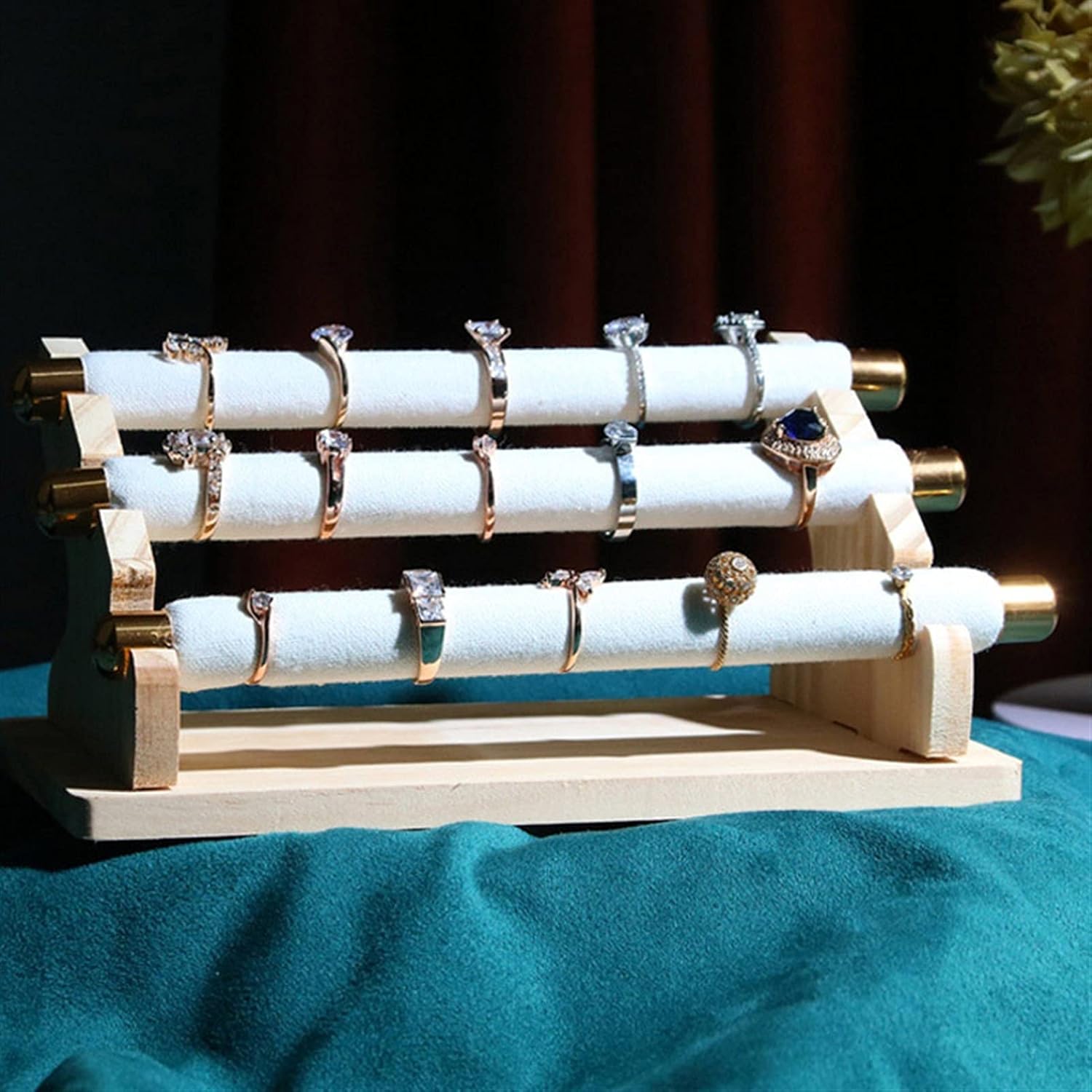 Jewelry Organizer Jewelry Display Stand Organizer with 3 Tiers, Bracelet Rings Necklace Display Stand, Wood and Velvet T-Bar Table Jewelry Tor