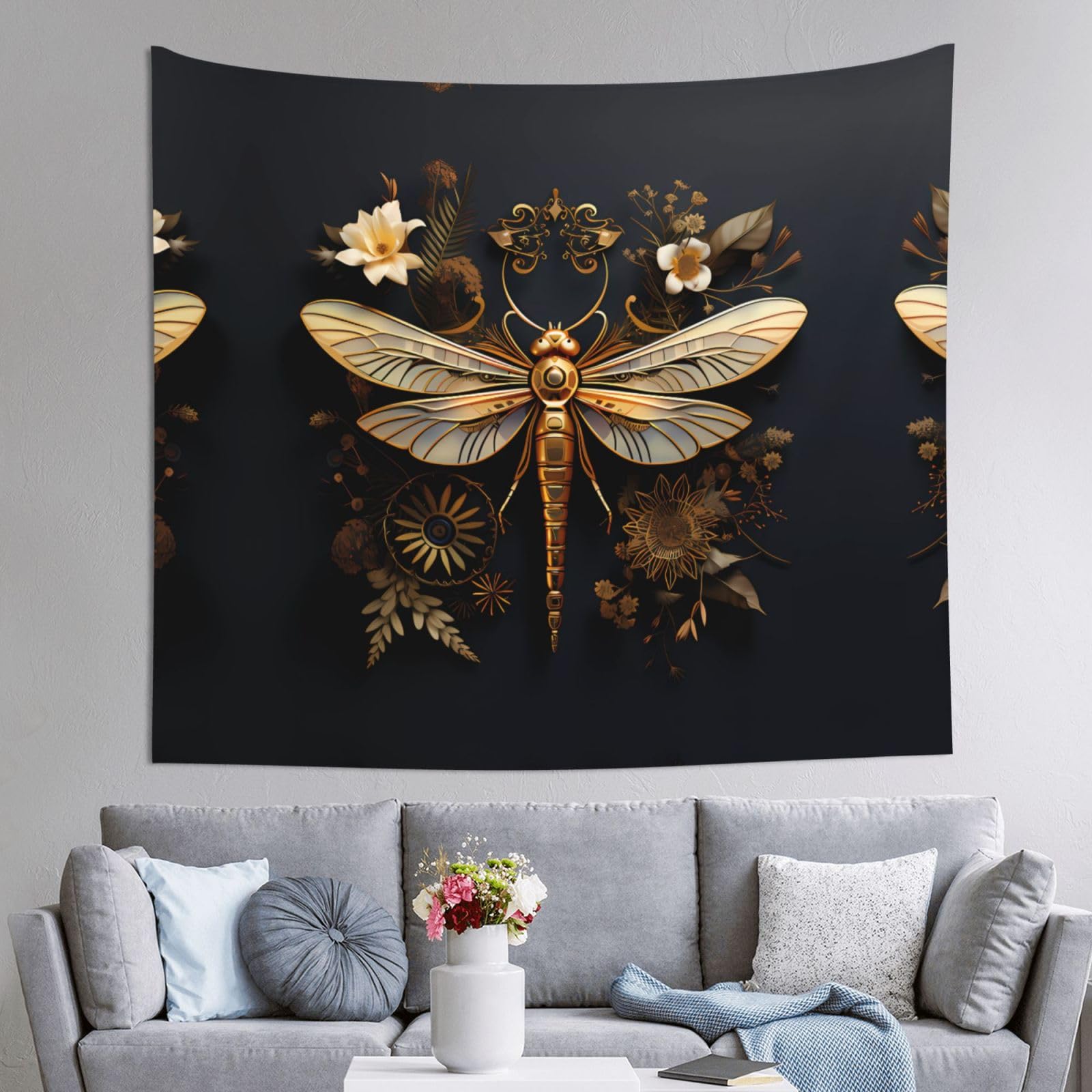 HLSBSSL 60x51in Gold Exquisite Dragonfly Printed Tapestry Tablecloth for Dormitory and Picnic Rooms - Multifunctional Fabric Hanging