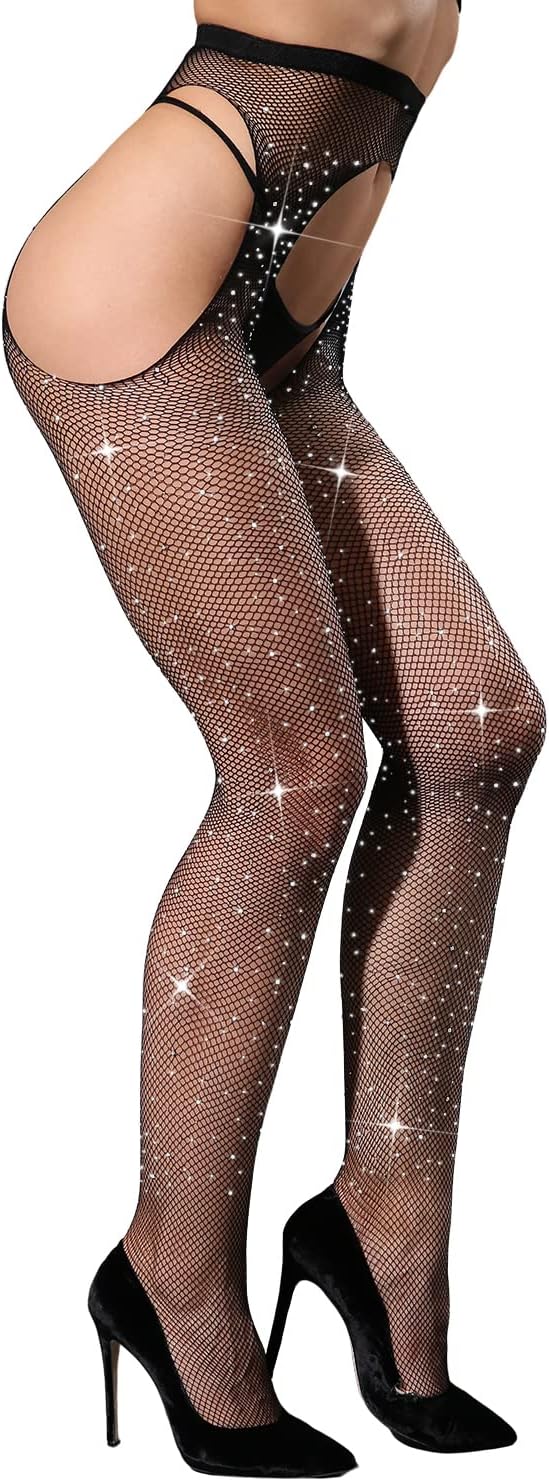 Women's Sparkle Rhinestone Fishnets, Sexy Sparkly Glitter Party Concert Outfit Fishnet Stockings