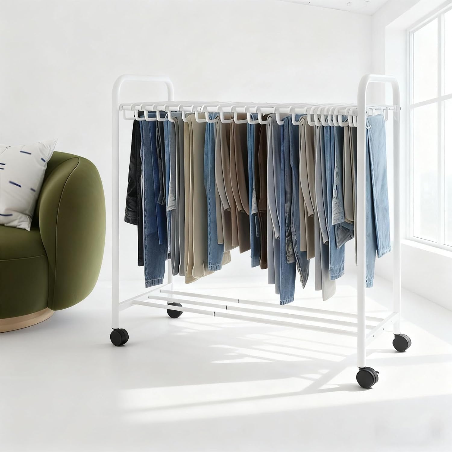 Telescopic Floor Pants Rack - 24 Hook Rolling Trouser Hanger, Multi-Functional Closet Organizer for Home, Metal Floor-Standing Pants Storage Solution (White)