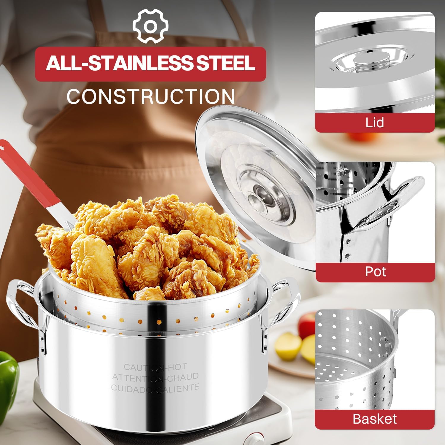 10QT Stainless Steel Deep Fryer with Basket | Fish Fryer | Frying Pot with Lid, Fryer Tong & Thermometer | Not Compatible with Induction or Electric Stoves | Perfect for Outdoor Use | Dishwasher Safe
