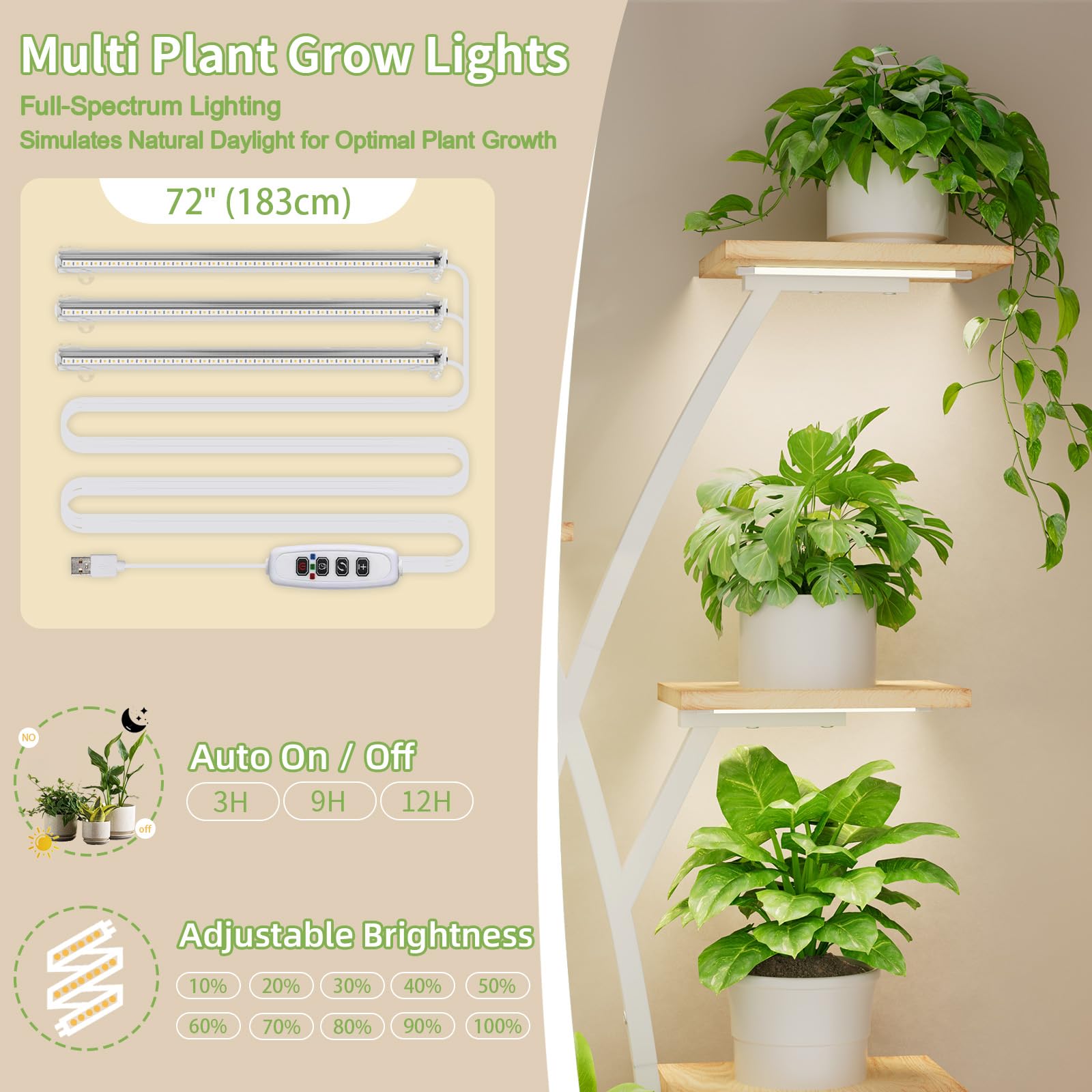 BACEKOLL Plantenstandaard met groeilicht - 8 niveaus bloemenstandaard 124 cm, metaal houten plantenrek - voor binnen en buiten, bloementrap - decoratief zwart bloemenrek voor binnentuin, balkon