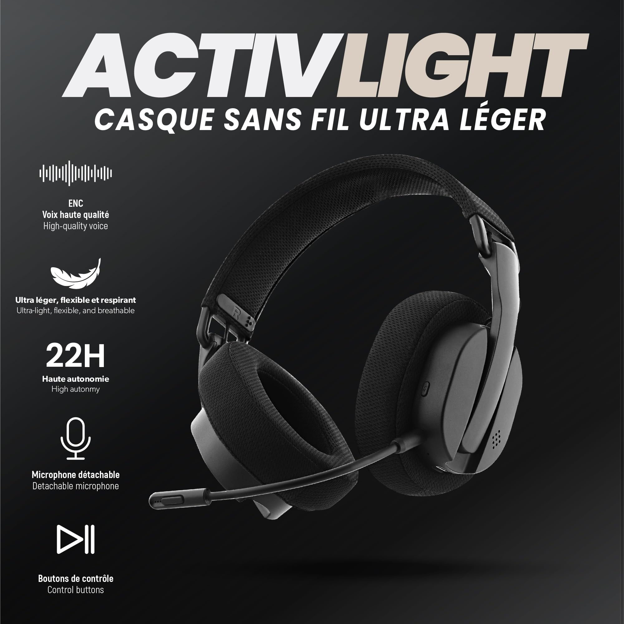 T'nB ACTIV Light - Casque Gaming Bluetooth, sans Fil et Ultra léger