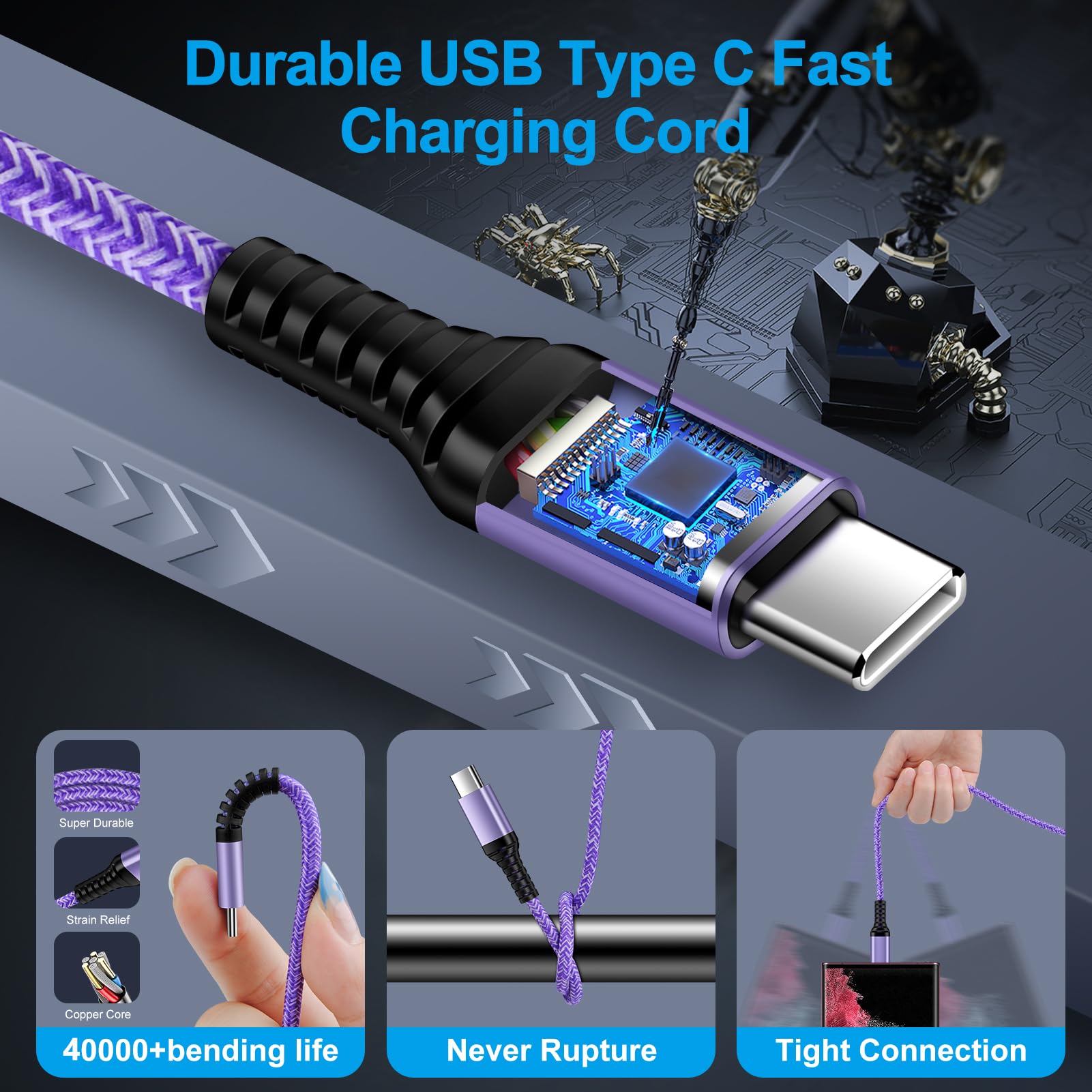Cavo di ricarica USB C per ricarica rapida, confezione da 5 pezzi, 1,8 m, per Samsung Galaxy S24/S23/S23 Ultra/S23 Plus/S22/S21 Ultra/S20 FE Note20 A15 A14 A53 A13 A03S A12 A51 A32, Google Pixel 8 7