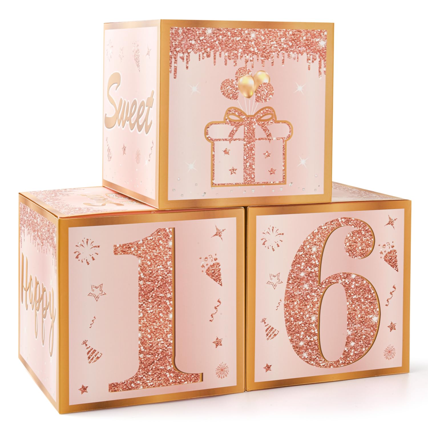 3Pcs 16th Birthday Party Decorations Boxes for Girls - Pink Rose Gold Happy 16th Birthday Balloons Boxes,Sixteen Year Old Party Supplies for Girls