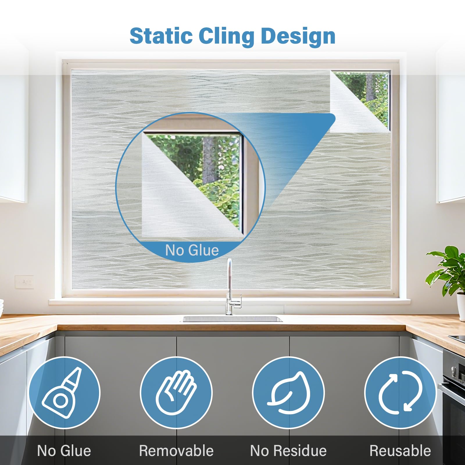 Finnez Frosted Sichtschutz-Fensterfolie, statisch haftend, nicht klebend, dekorative Abdeckung für Glastüren und Fenster, kein Kleber, entfernbare Haftungen, UV-blockierend, Wellen-Design, für Zuhause
