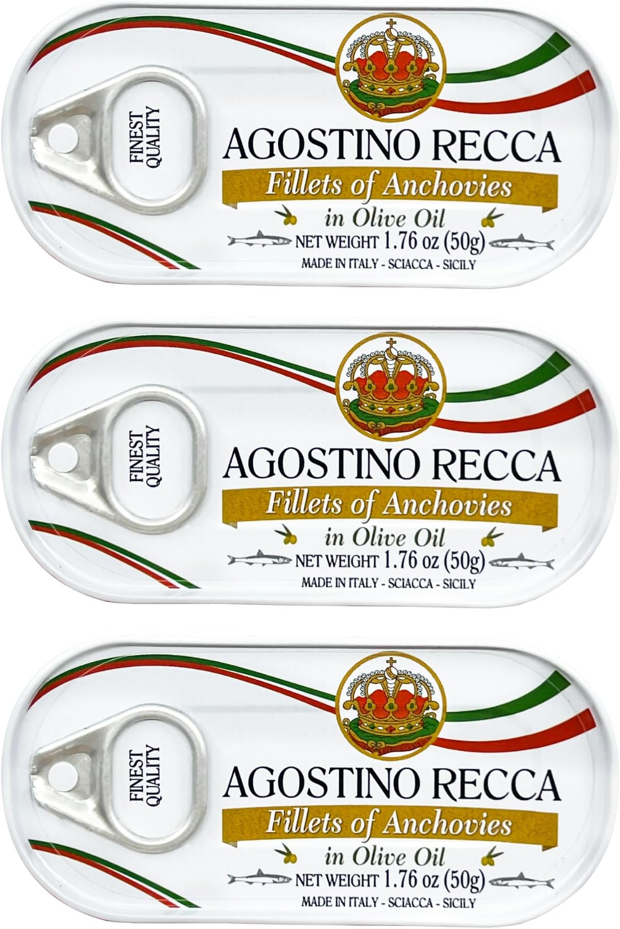 Agostino Recca - Flat Fillets of Anchovies in Olive Oil, (3)- 2 Ounce. Tins