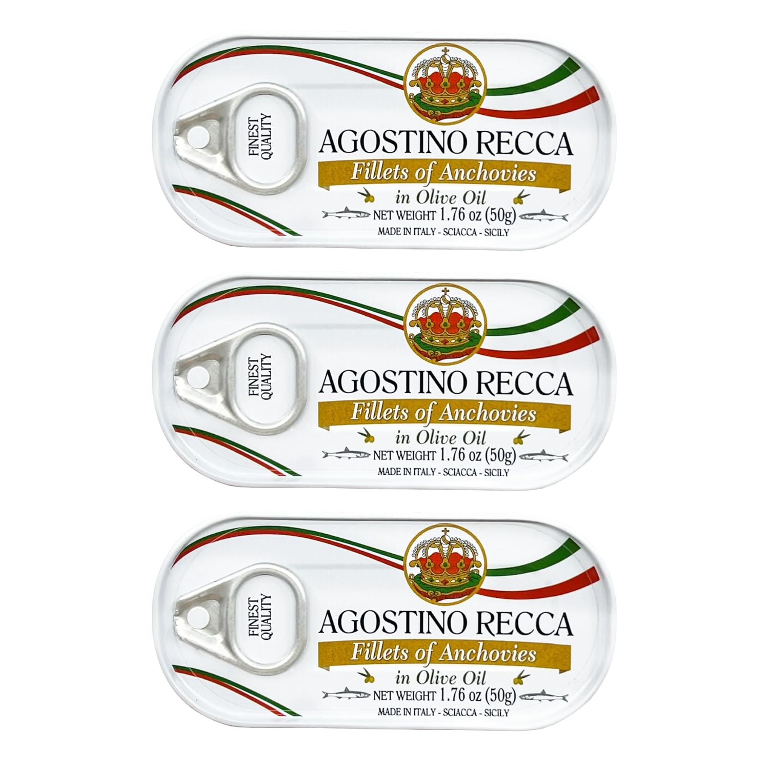 Agostino Recca Premium Italian Anchovy Fillets in Olive Oil, 1.76 oz Pack of 3 - Authentic Gourmet Anchovies from Italy