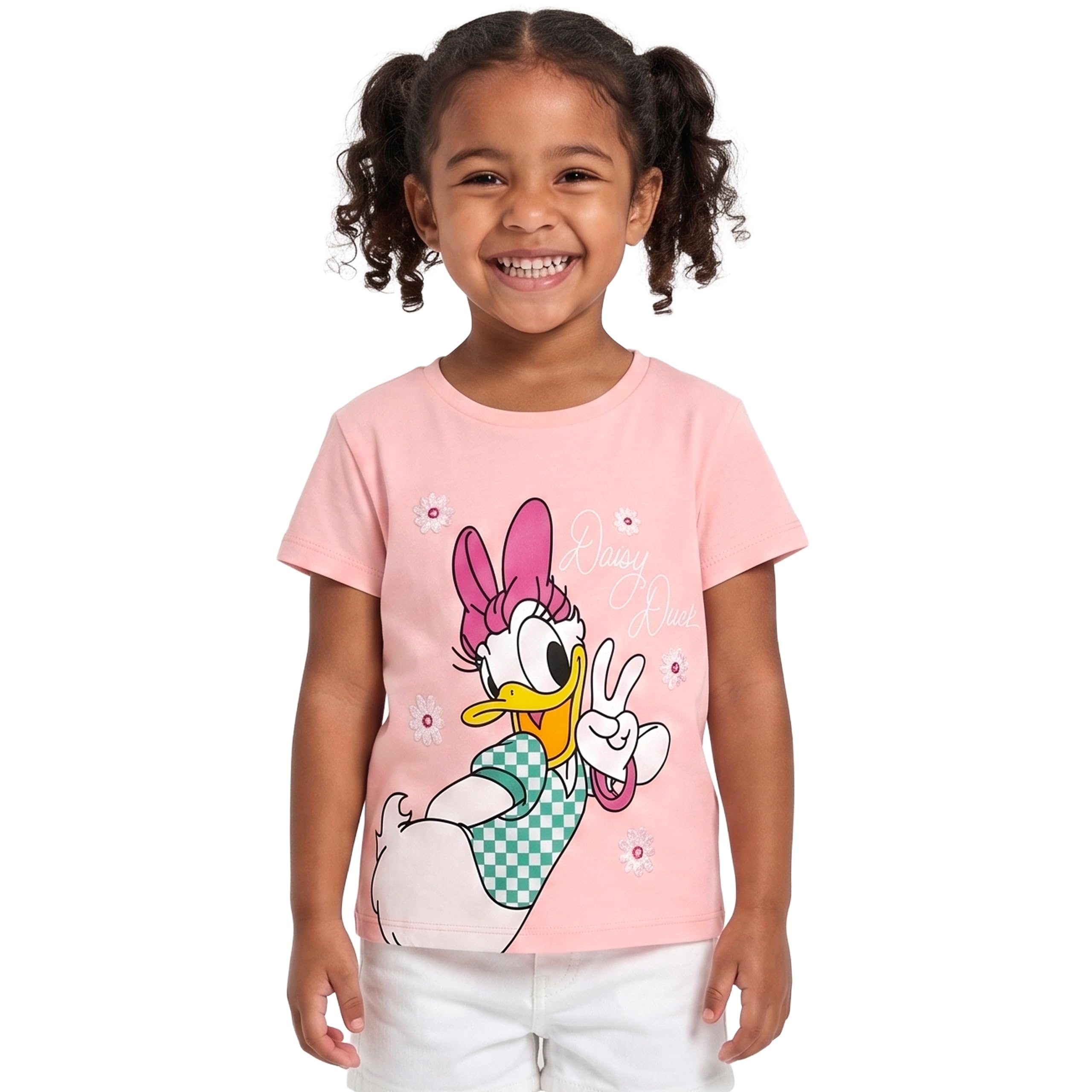 Disney Tshirt Bambino, Maglietta Bambina Daisy Duck con Fiori Ricamati, Maniche Corte T Shirt Ragazza