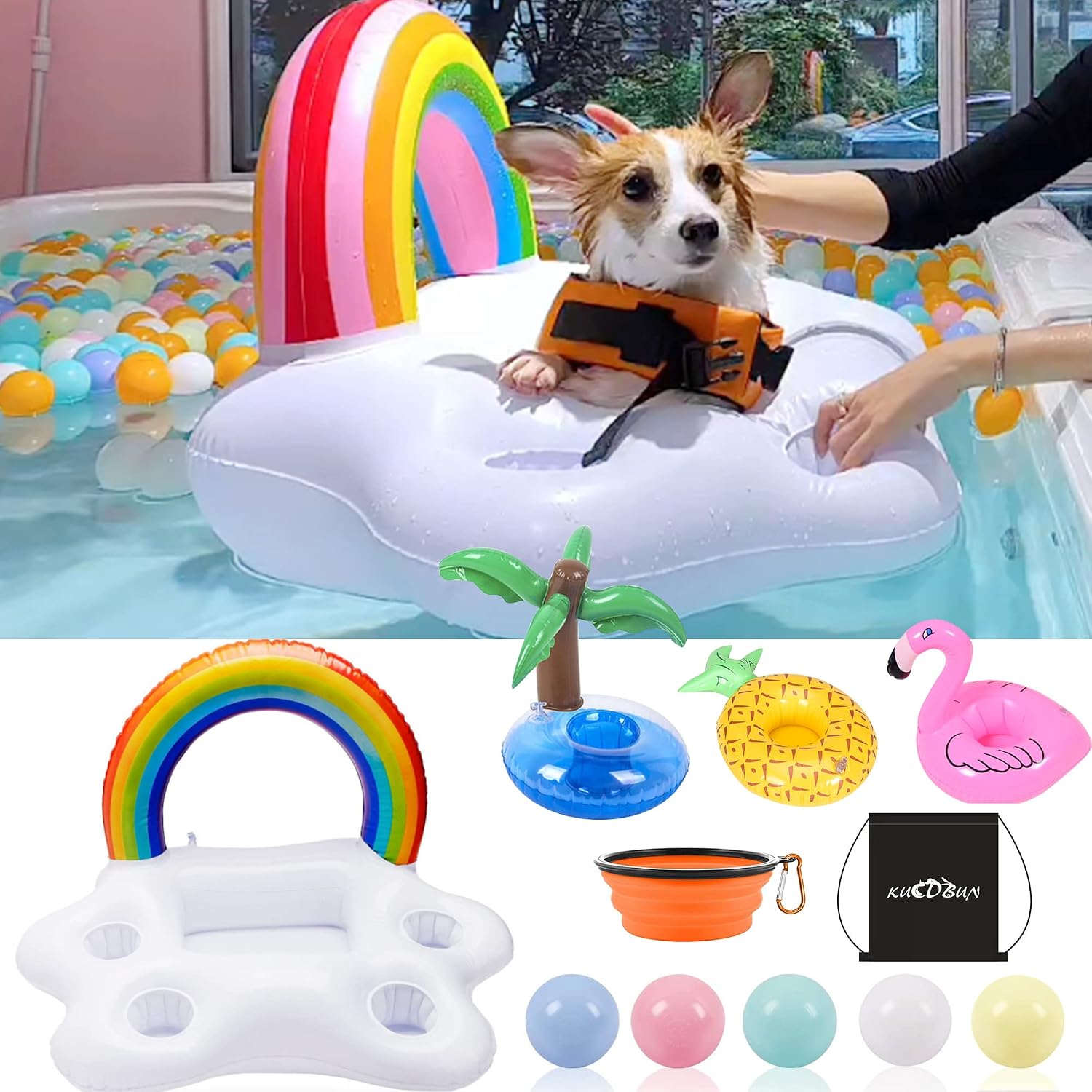 KUCDBUN Dog Pool Floats Set, Dog Float Raft with Collapsible Dog Bowl, Non-Toxic Floating Dog Water Toys for Small Dog, Puppy and…