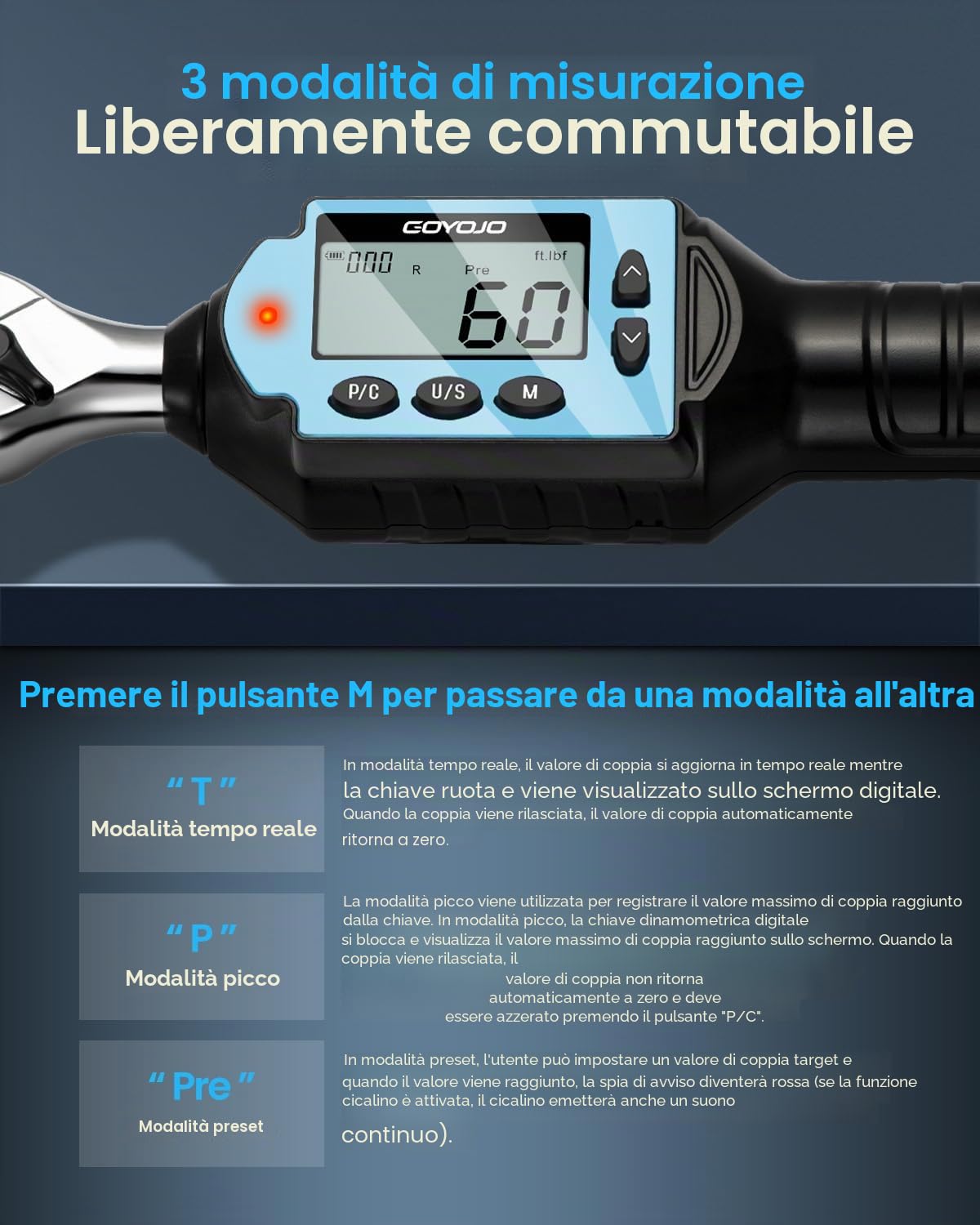 GOYOJO Chiave Dinamometrica Digitale, con Buzzer e LED - Precisione Oraria ±2% in Senso Orario / ±2.5% in Senso Antiorario - Ideale per Automobili, Motocicli e Elettrodomestici Domestici (1/4-30N.m)