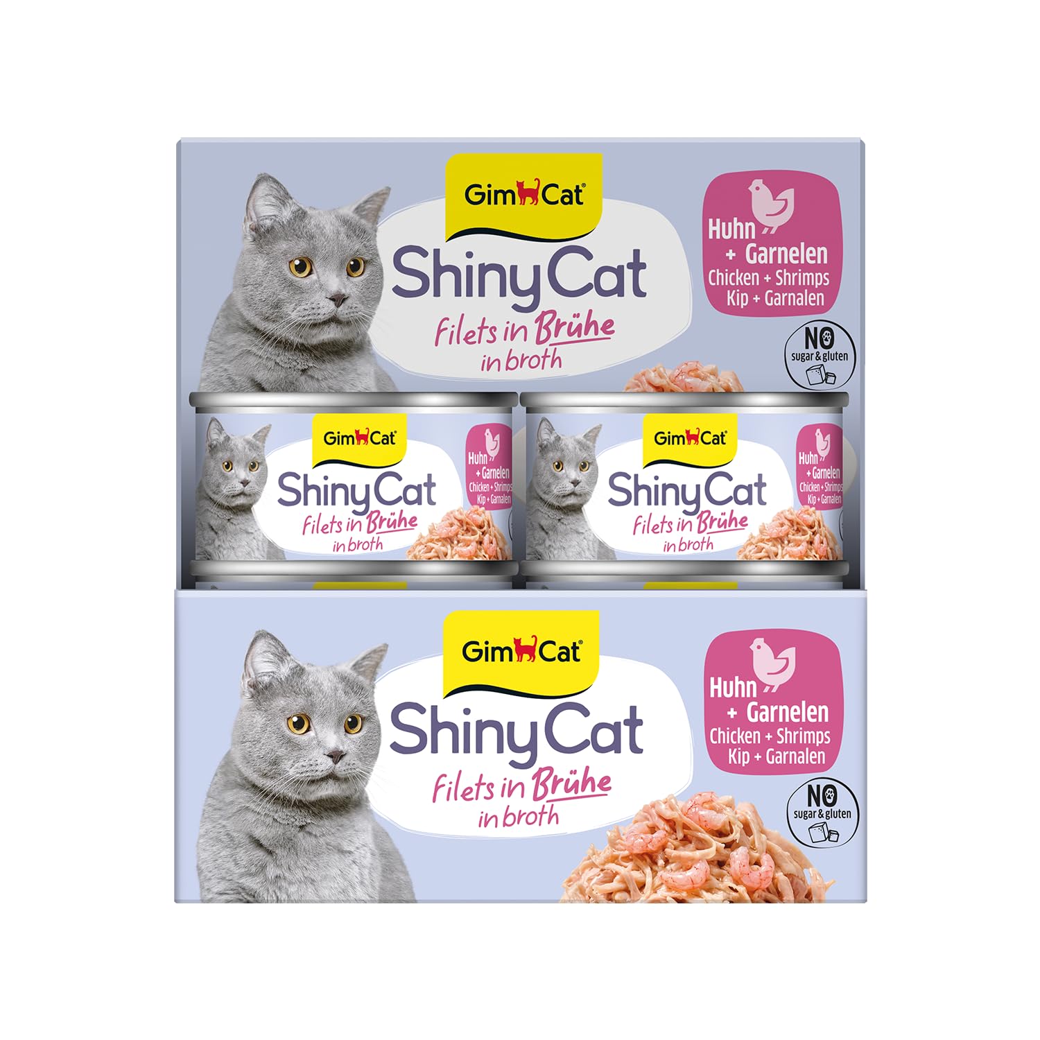 GimCat ShinyCat filet w bulionie, kurczak z krewetkami, mokra karma z rybą, 24 puszki (24 x 70 g)