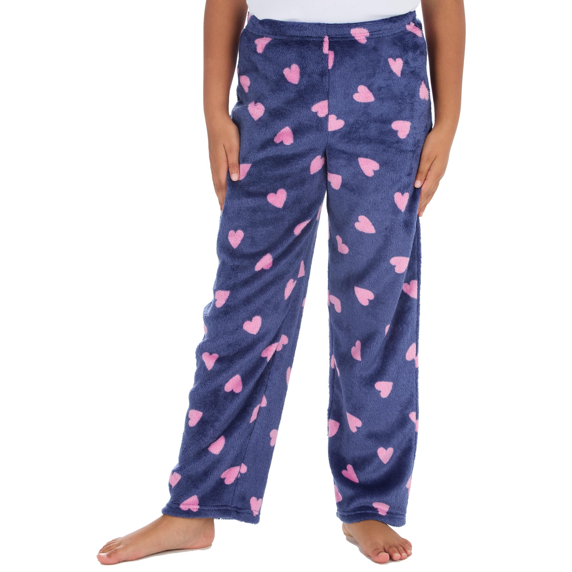 Metzuyan WS-AW24 Kids Girls Printed Fleece Lounge Pants Warm Pyjama Bottoms Navy Hearts 13 Years