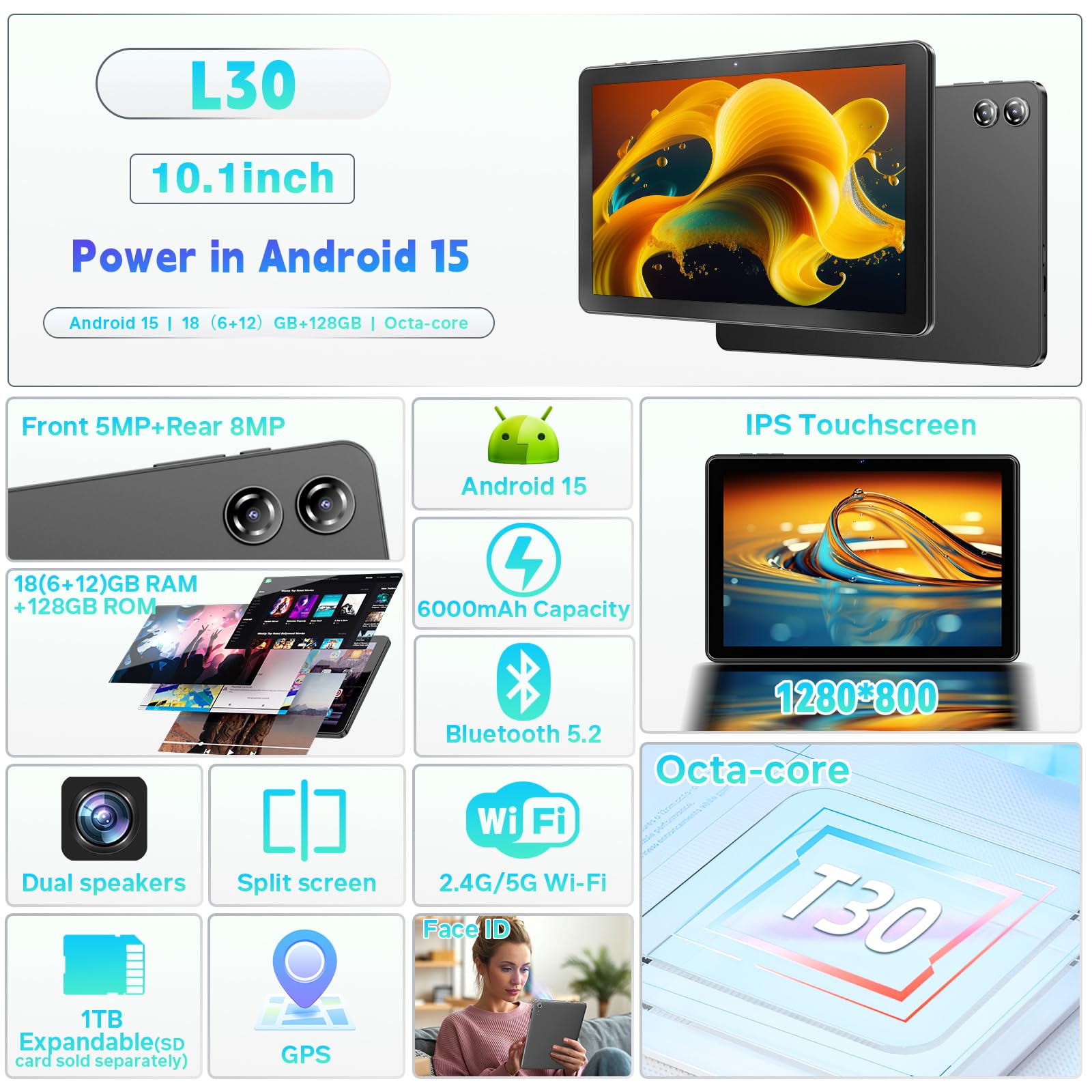 Tablet 10 Pulgadas Android 15, 18 GB RAM + 128 GB ROM, Google GMS, Expandible a 1 TB, Compatible con Widevine L1, Procesador Octa-Core con 2.4G+5G WiFi 5, BT 5.2, Batería de 6000 mAh, GPS, Cámara Dual