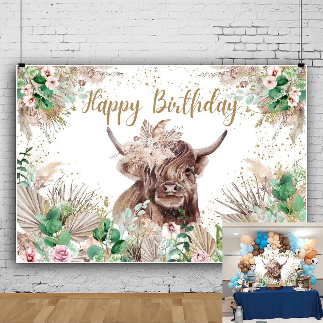 7x5ft Highland Cow Birthday Backdrop - Farm Theme Photography Background
