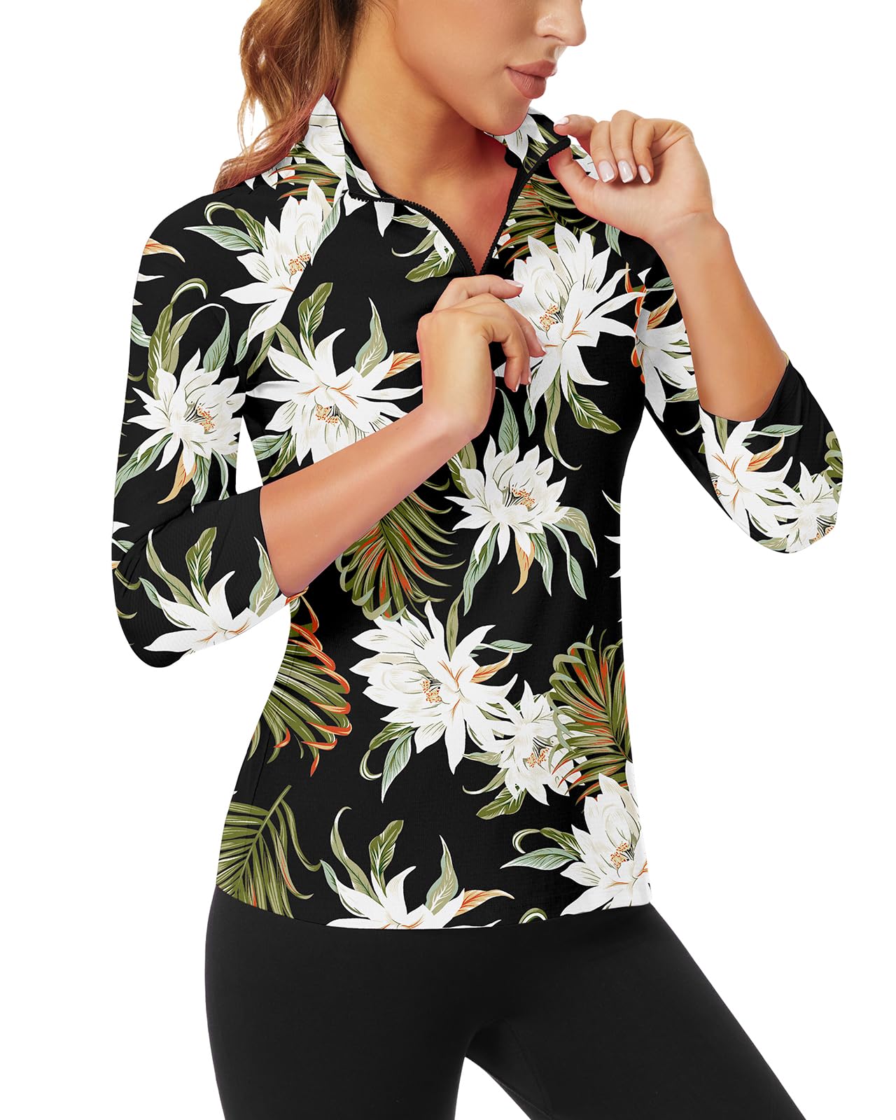 WOWENY Women's 3/4 Sleeve Athletic Golf Shirts Quarter Zip Pullover Collared T-Shirt Workout Print Tennis Top