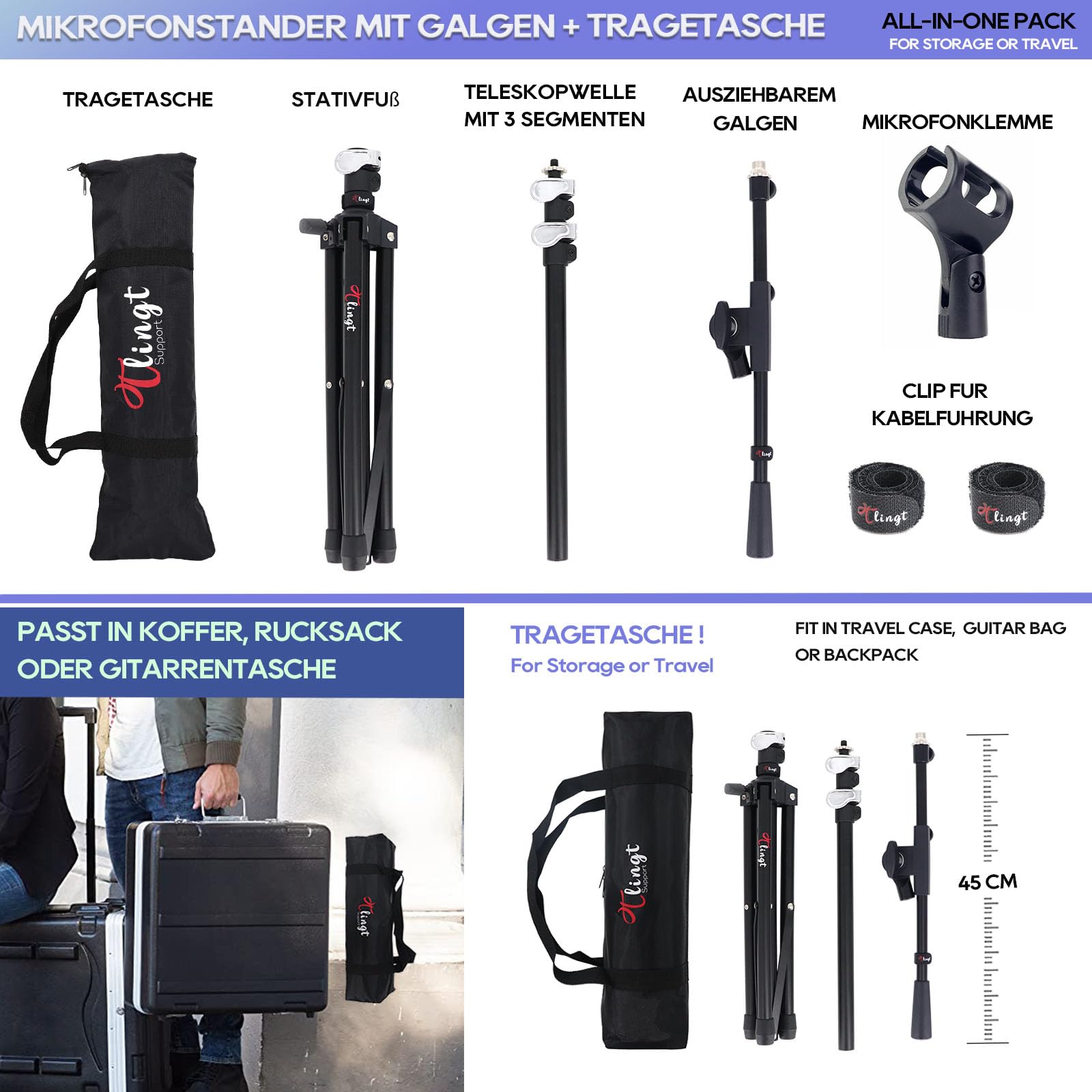 Mikrofonständer, Mikrofonstativ Tragbarer Mic Stand Mit Galgen, Easygo Mikrofonstativ mit Teleskoparm, Wasserdichte Deluxe-Schutztasche von Tlingt Support