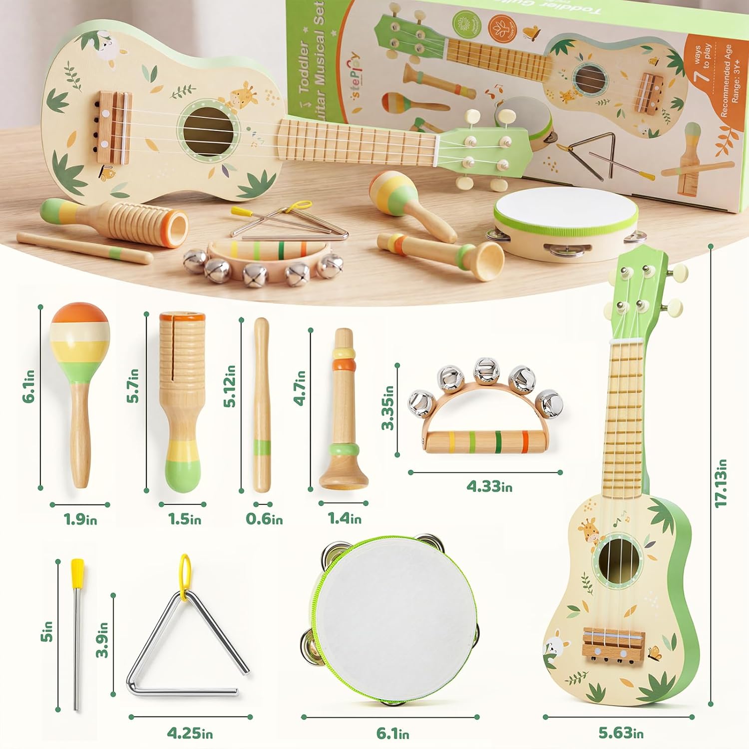Toddler Guitar Set, 7-in-1 Wooden Baby Musical Instruments Band Includes 17″ Ukulele, Maracas, Drum, Trumpet & More – Perfect Toy for Kids Ages 1-5, Ideal Gift for First Birthday Christmas