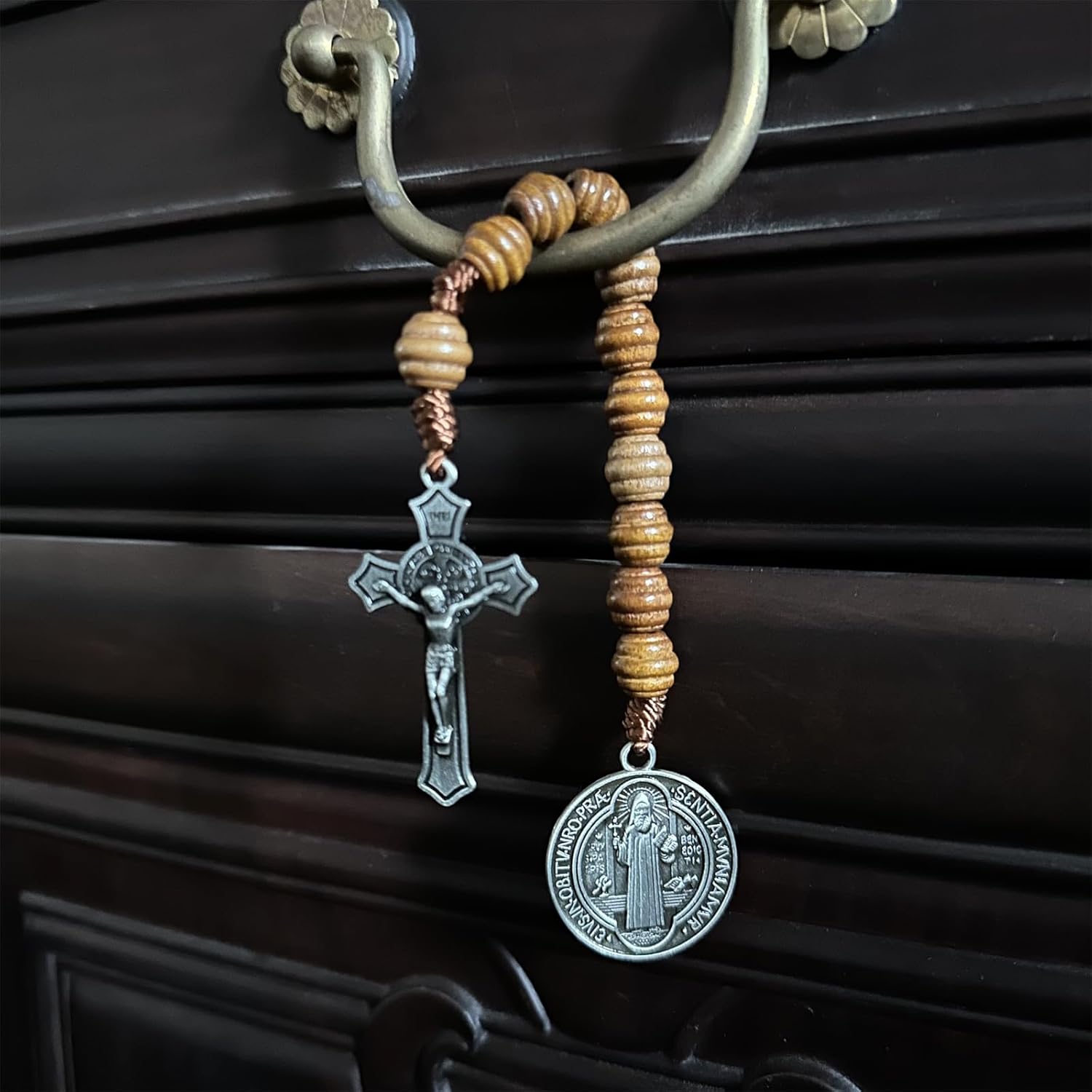 Bovemee Saint Benedict Medal Prayer Pocket Rosary Catholic Brown Wood Beads with Medalla de san benitol and Crucifix, 9 Inch - Image 2