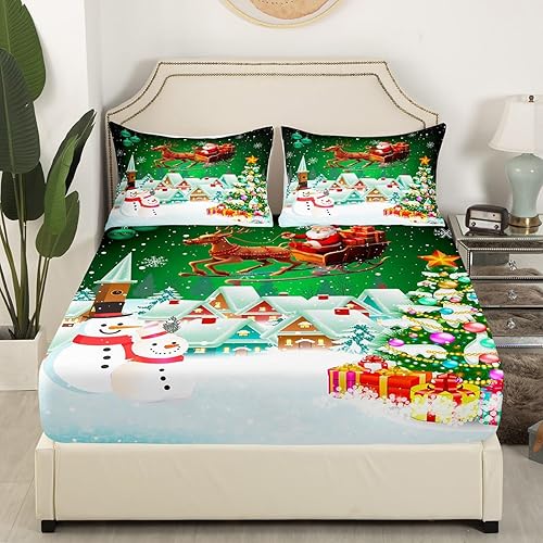 Miniatura 5 de Manfei Juego de sábanas de Navidad tamaño matrimonial, juego de sábanas de árbol de Navidad de muñeco de nieve, 4 piezas con sábana bajera de