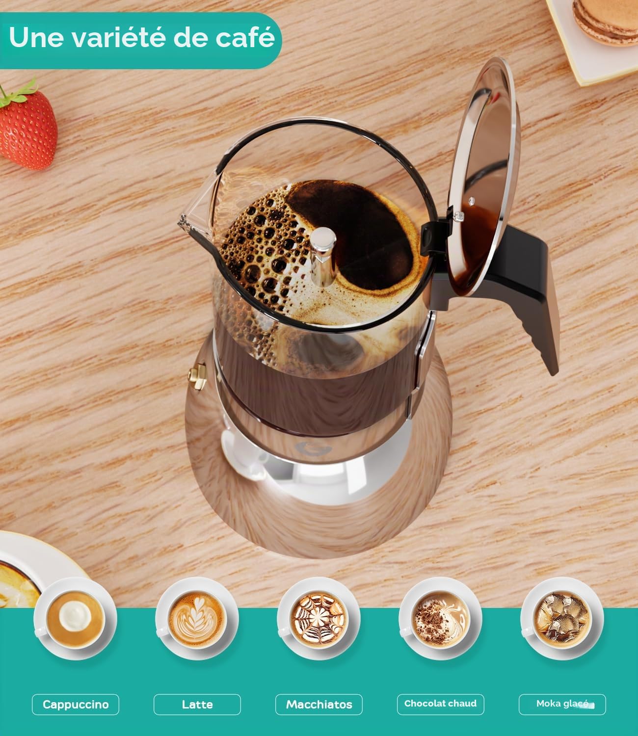 Coffee Gator 9 Tasses Pot à moka 450 ml, Design Transparent en Verre et Acier Inoxydable, Cafetière Moka, Cafetière italienne, Argentée
