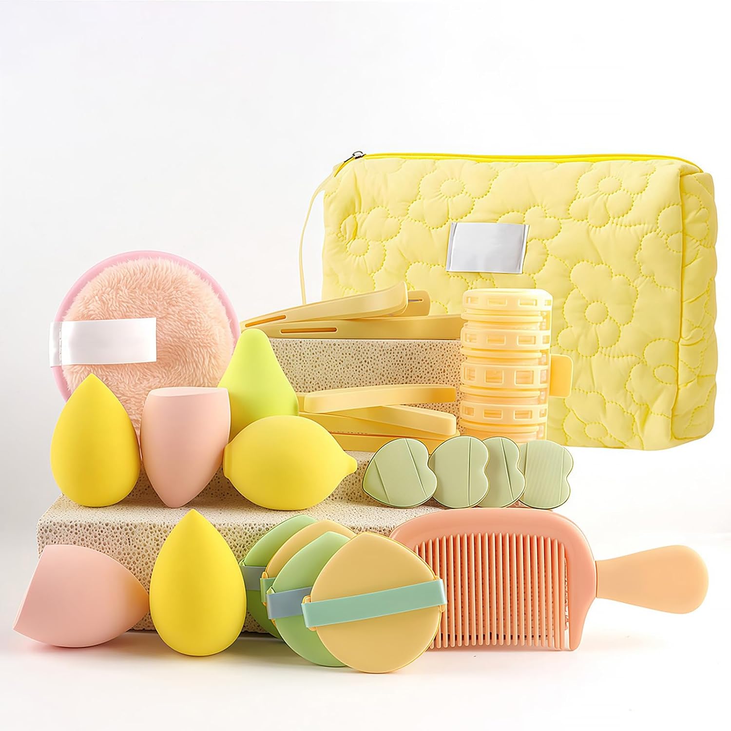 Beauty Blender & Makeup Sponge Set with Lash Rollers,Section Clips,Powder Puffs,Cleaning Sponge and Storage Pouch – Complete All-in-One Makeup & Hair Styling Tools Kit for Beginners & Pros