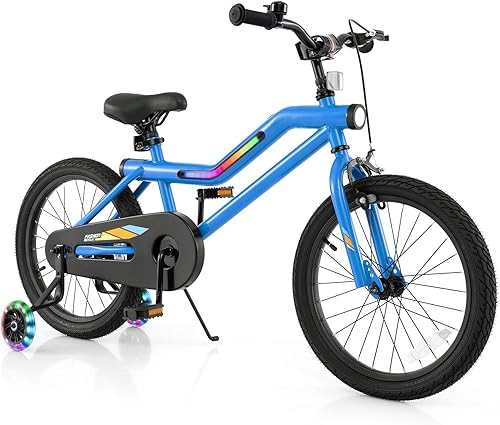 Miniatura 13 de BABY JOY Bicicleta iluminada para niños, bicicleta para niños de 16 y 18 pulgadas con marco iluminado LED de 7 modos, faro, ruedas de entrenamiento