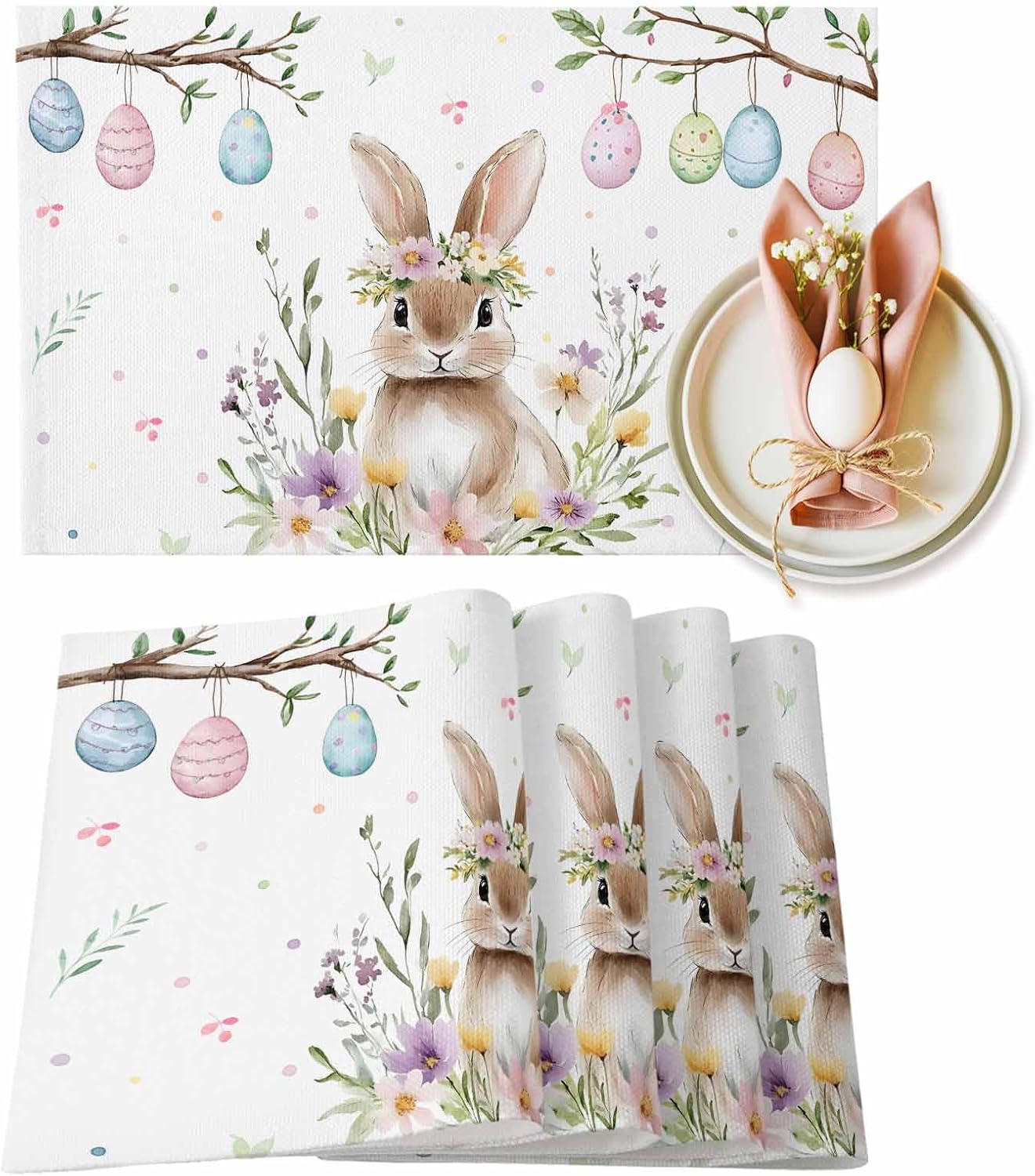 Easter Placemats Spring Floral Bunny Placemats Set of 6 for Dining Table Easter Eggs Colorful Table Mats for Home Party Spring Holiday Banquet Kitchen Table Decorations 13x19 Inch