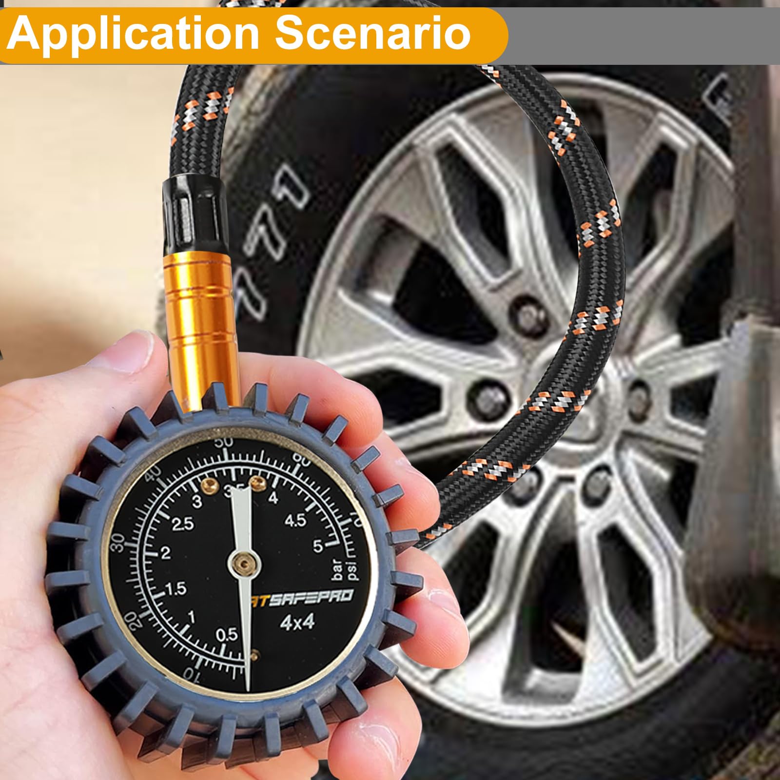 ATsafepro Manometro Pressione Gomme professionale 2 in 1, Misuratore pressione pneumatico 75Psi con valvola di sfiato Fodera speciale per pneumatici fuoristrada 4X4