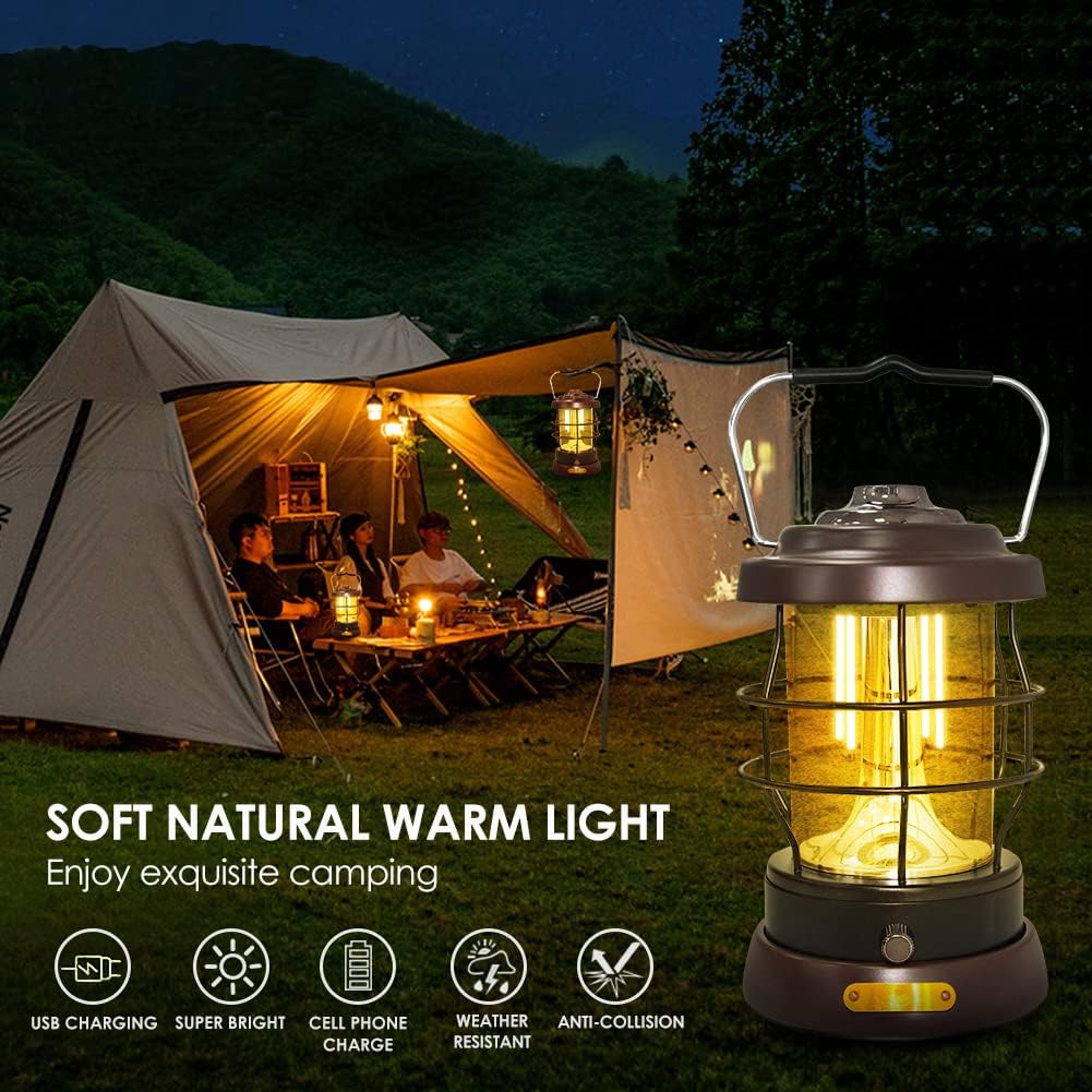 UniqueFire Retro Camping Lantern Rechargeable 1500LM 2 Modes Dimmable,Portable Electric Hurricane Lamp Hands-Free Flashlight,5000 mA High Capacity Battery LED Lanterns for Power Outages Indoor