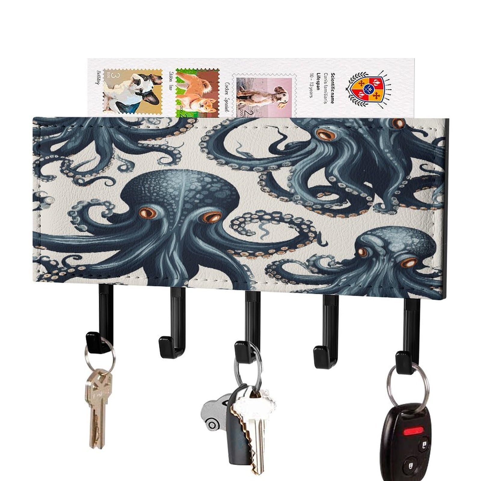 FekiLoot Octopus Pattern Key Holder Wall Mount Key Hanger with 5 Hooks Decorative Key Rack Hanging Key Hooks with Mail Organizer Key Holder for Wall Living Room Kitchen Bathroom Hallway Black
