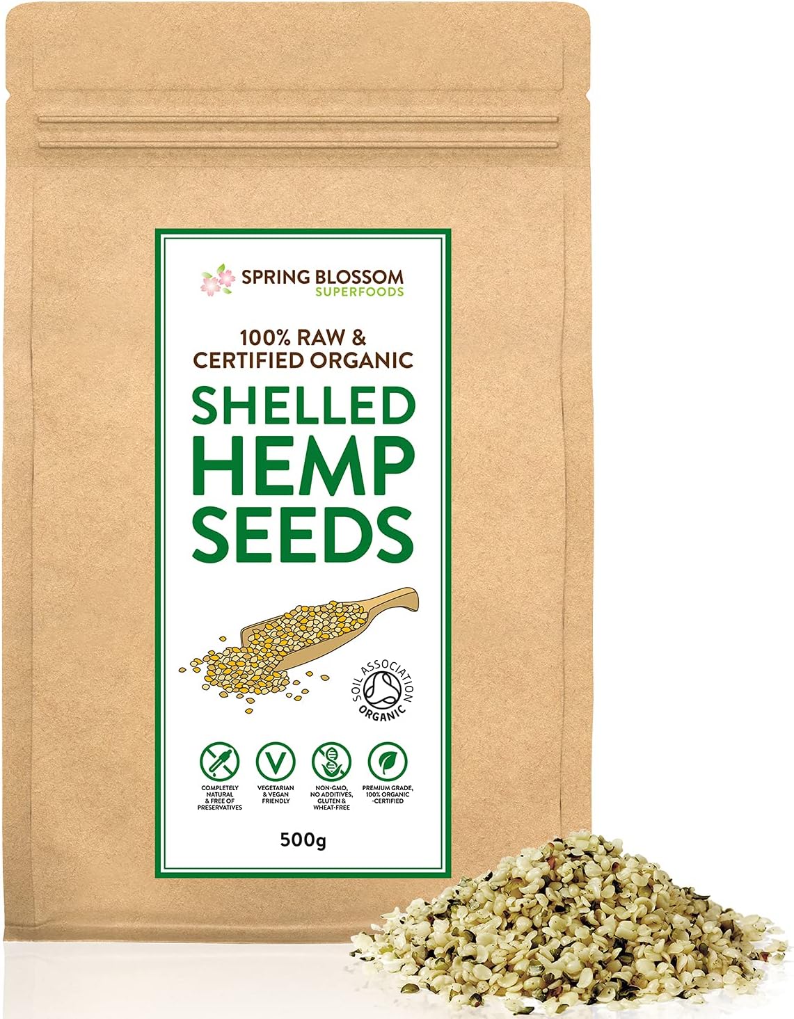 500G Raw Organic Shelled/Hulled Hemp Seeds Hearts Healthy Vegan Snack Rich in Plant-Based Protein, Omega 3&6, Amino Acids & Minerals, Gluten-Free Superfood, in Eco-Friendly Resealable Pouch, Premium Q