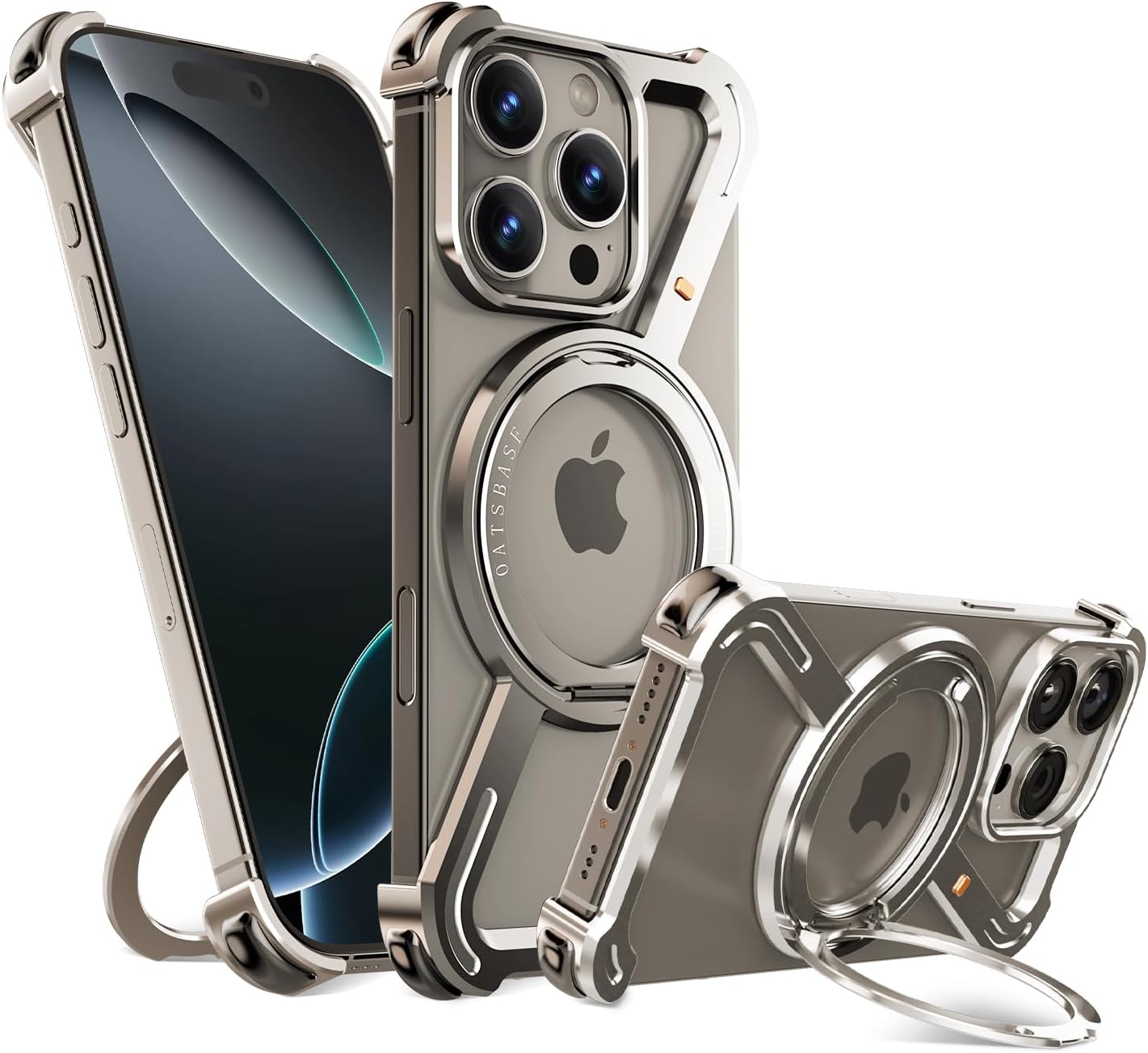 OATSBASF Wooden Magnetic Bumpers Phone Case Built-in 360°Rotation Kickstand For IPhone 16Pro Max 15pro Max 14 Pro Max I.841957921 - View #3