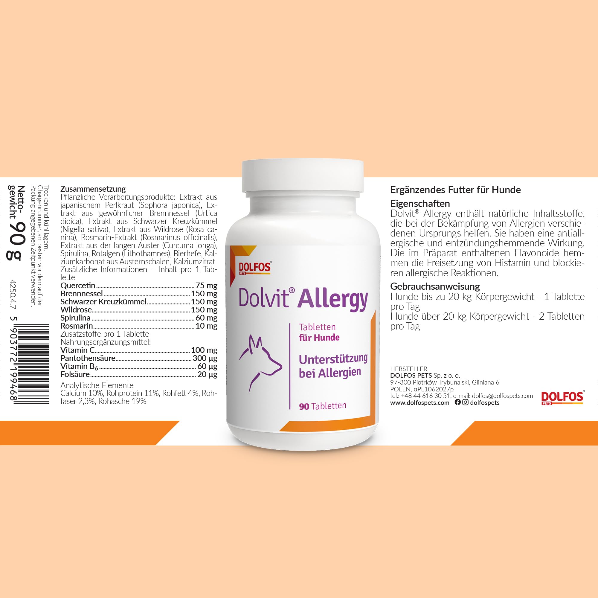 Dolvit Allergy 90 Tabletten, Allergie Tabletten für Hunde gegen Juckreiz & Dermatitis, Natürliches Ergänzungsfutter Hund zur Fellpflege, Hautgesundheit & Unterstützung bei Allergie Hund (1)