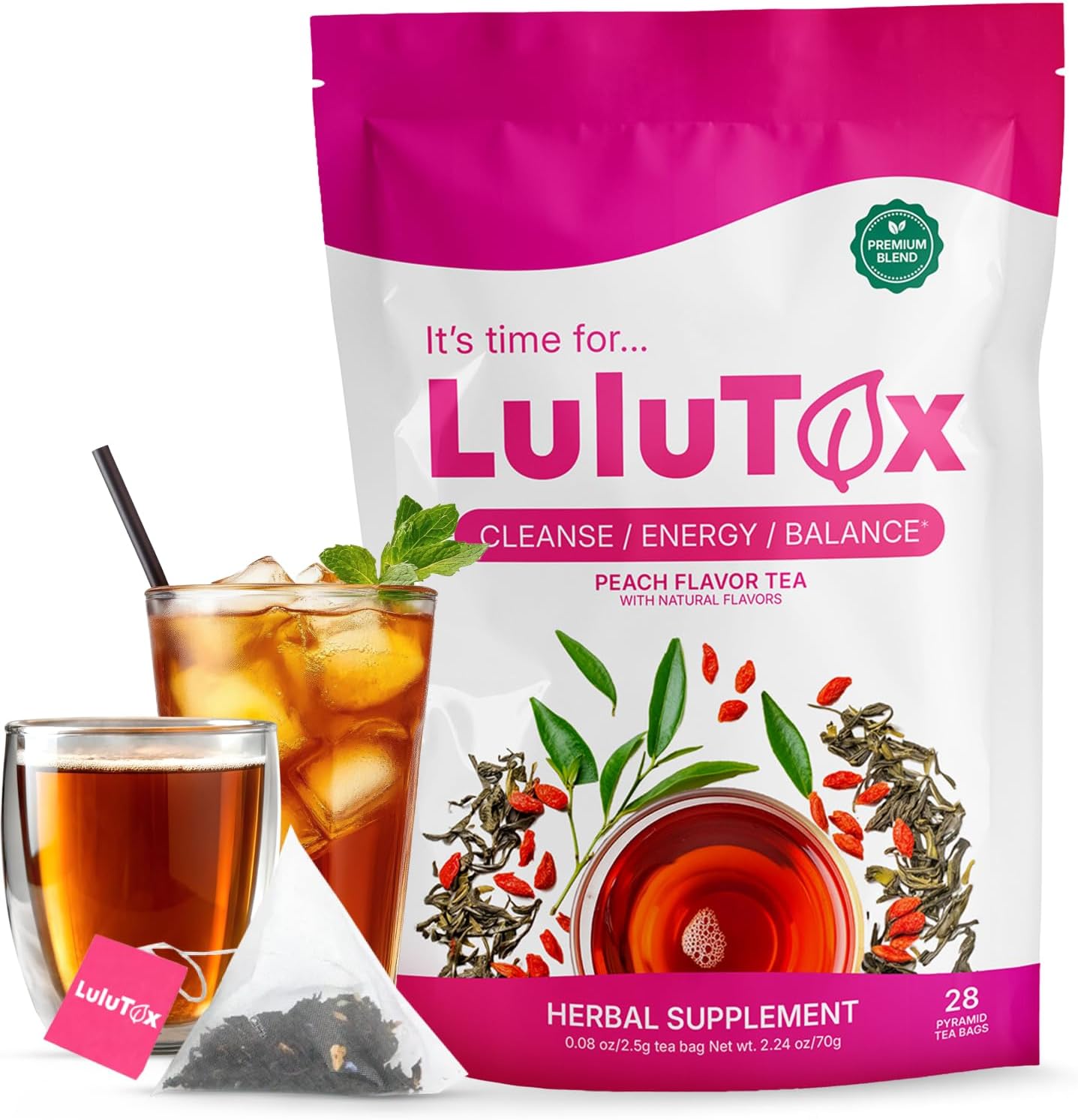 LULUTOX Original Detox Tea - Herbal Blend with Dandelion, Ginseng, and Ginger - Supports A Healthy Weight, Digestive Health - Vegan, All Natural, Laxative-Free - Peach Flavor 28 Servings