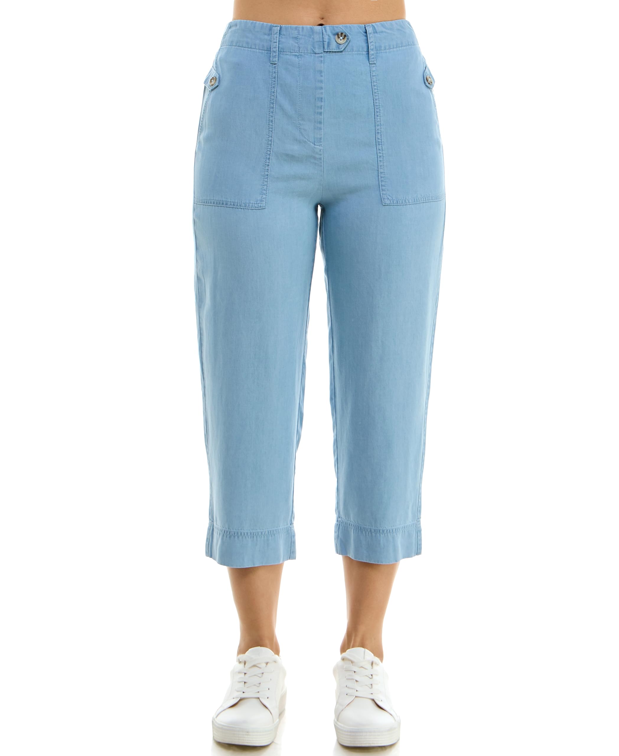 Zac & RachelWomen's Tencel Capri Length Button Front Pant with Stitched Utility Pocket and Ankle
