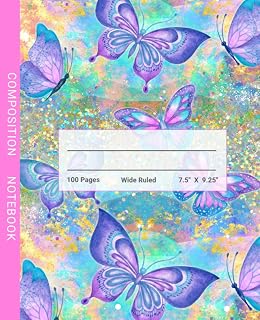 Composition Notebook Wide Ruled: Cute Sparkling Pink And Blue Butterflies | Preppy Aesthetic Journal With Wide Rule Notebook Paper | For Teens Girls, Kids, Students | Back To School Supplies