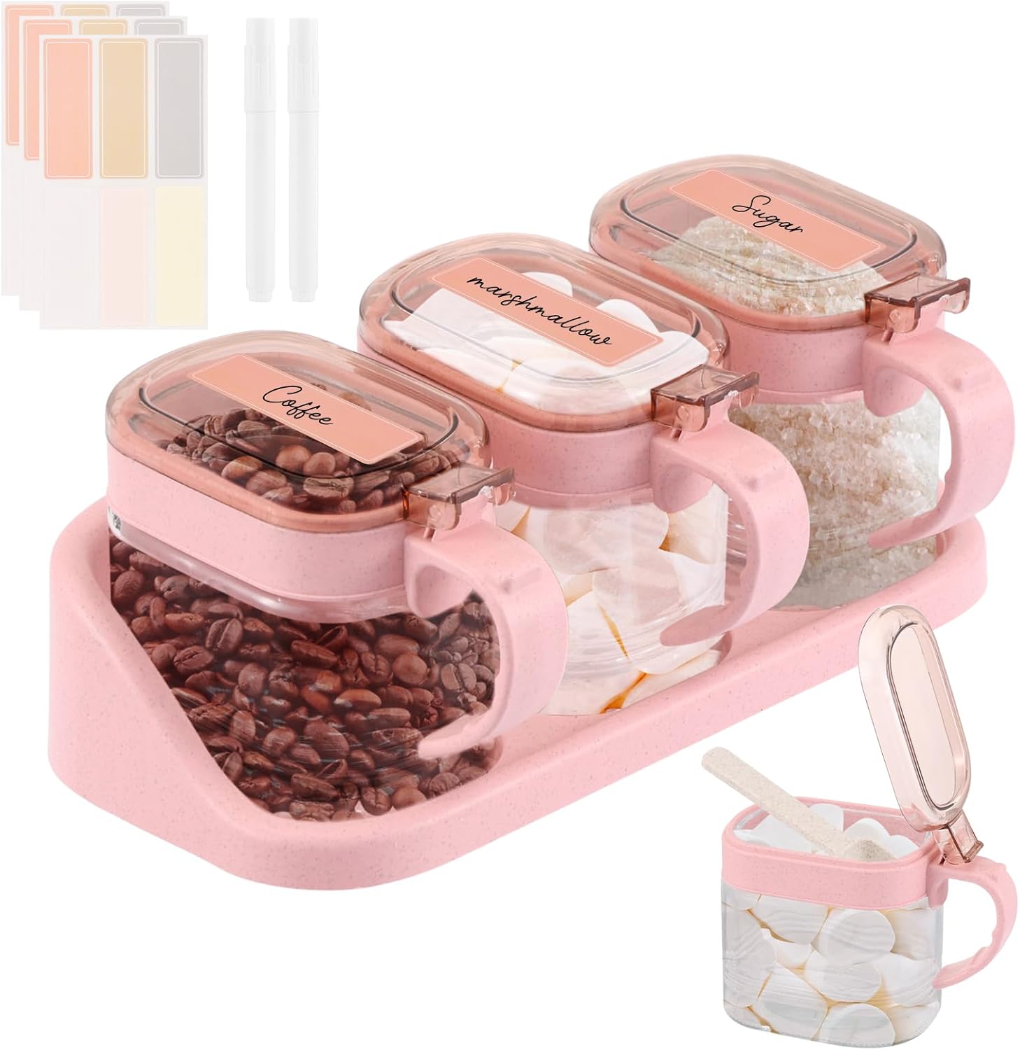 3 Pcs Pink Sugar Coffee Container Set, Glass Transparent Spice Jar, Coffee Station Organizer Set, Includes Label Stickers and Whiteboard Markers for Coffee Beans, Oats, Sugar (with base)
