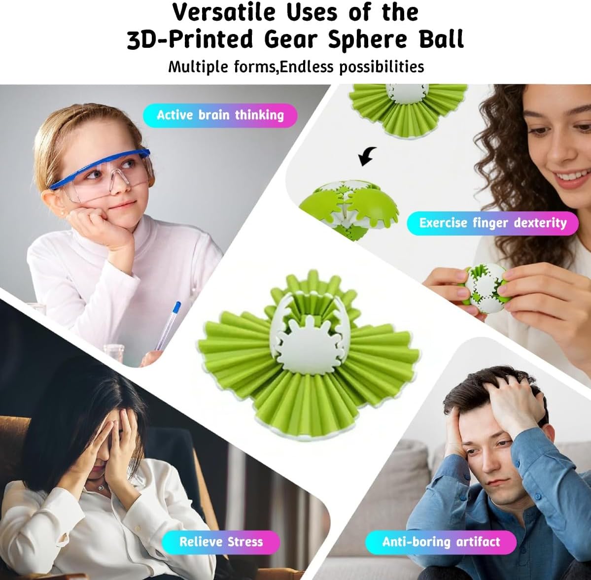 5 Styles Portable 3D Printed Toys, Adult Stimulation Tools for Relieving Anxiety and Stress, Gear Ball Decompression, and 3D Printed Extended Sensory Fidget Star, Fractal Fidget Hexagon with Handle.