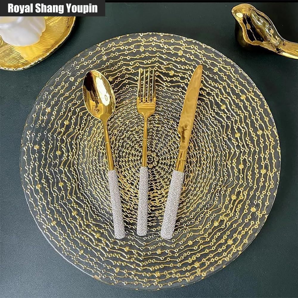Maniglia Con Intarsio Diamantato Cucina Acciaio Inossidabile Posate Stoviglie Posate Set Coltello Da Bistecca Forchetta Cucchiaio Cucchiaino (Bianco Argento,16 pezzi)