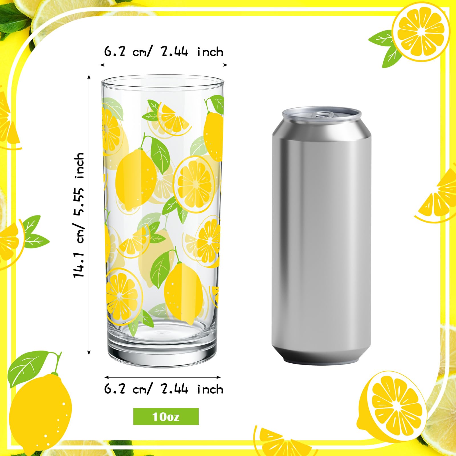 LemonRoad Highball-Gläser mit Zitronenmuster, 284 ml, Zitronen-Trinkgläser, Sommer-Trinkgeschirr oder Eistee, Cocktails, Saft-Sommer-Zitrusmotive, 6 Packungen