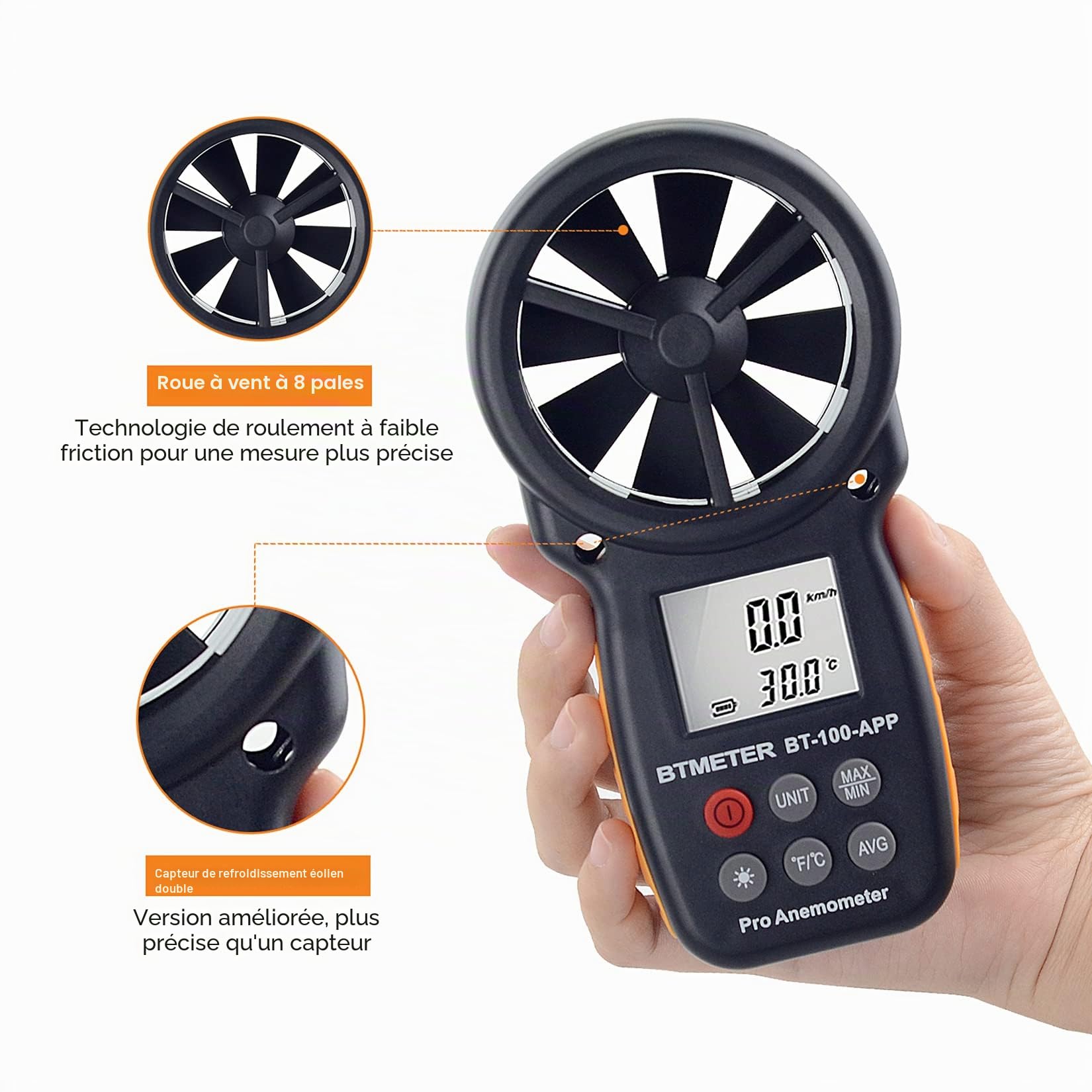 BTMETER Anémomètre numérique portable sans fil Bluetooth pour refroidissement éolien, vitesse, température BT-100APP