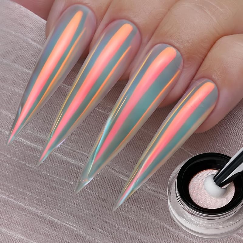 YOKEFELLOW GleamTap Cushion Aurora Chrome Nail Powder -Mermaid Aurora Effect,Nail Art Glitter Decoration for Home DIY Salon Manicure (GT111 Afterglow/Purple Blue with Coral Sheen)
