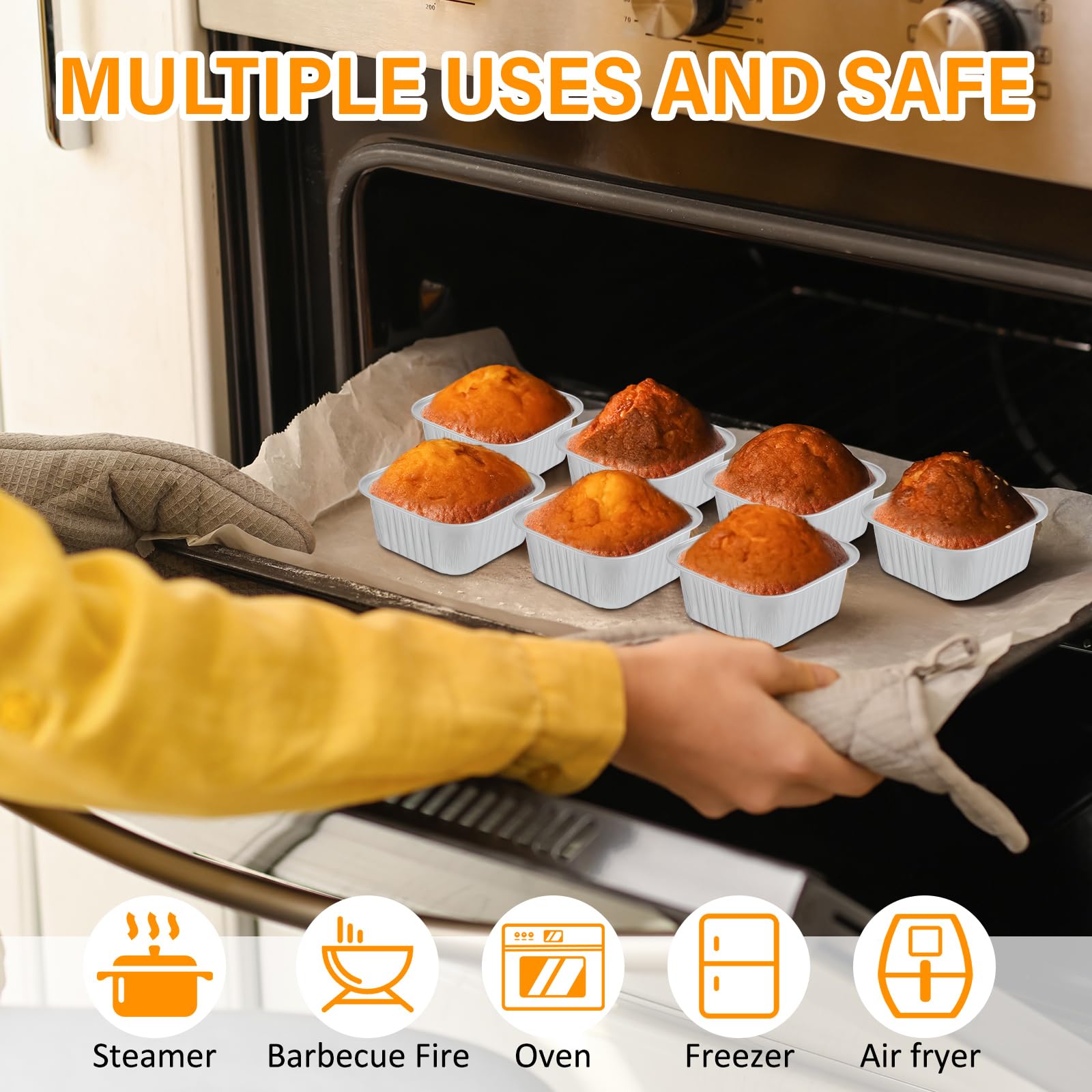 Skylety 100 mini moldes cuadrados para hornear de 5 onzas con tapa, de papel de aluminio, para cupcakes, brownies, desechables, recipientes individuales de postre para cocina, material de grado