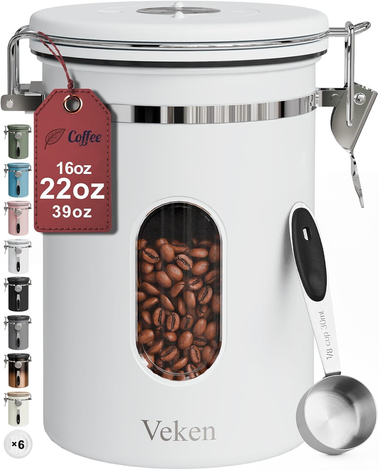 Veken Coffee Canister with Window, Airtight Stainless Steel Kitchen Food Storage Container with Lids, Date Tracker and Scoop for Grounds Coffee, Beans, Tea, Flour, Cereal, Sugar Jars, 22OZ, White