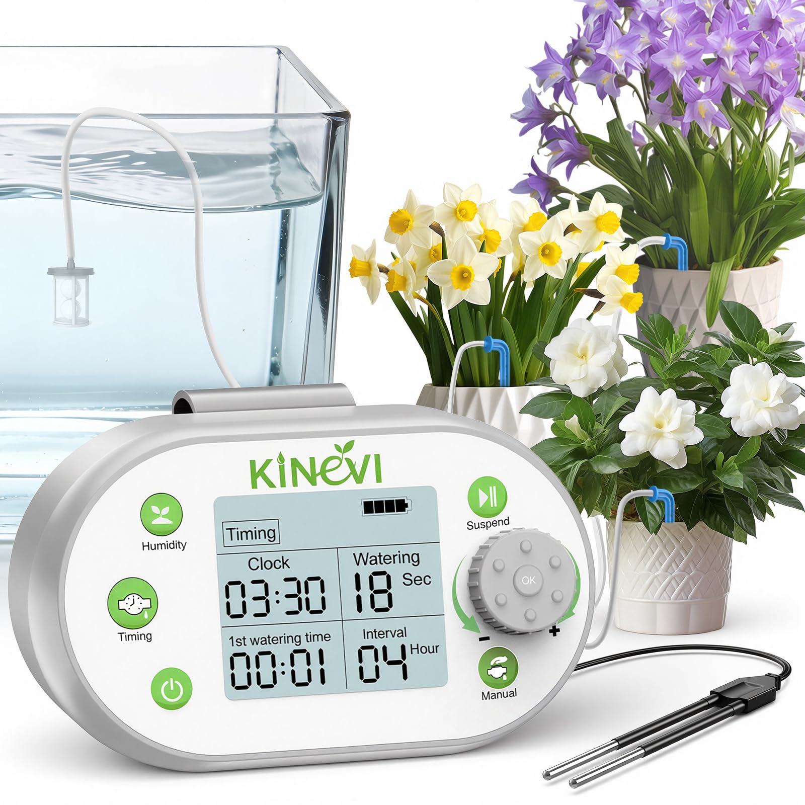 Bewässerungssystem Zimmerpflanzen für Urlaub Automatische Bewässerung mit Bodenfeuchtesensor, Einstellbarer Timer, 15m Schlauch & 15 Tropfer, Tropfbewässerung Set für Balkon, Gewächshaus, Büro
