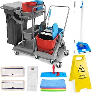 Hypafol Putzwagen Reinigungswagen Set | 2 x 18 l Eimer mit Wischmopp-Presse | Kehrgarnitur mit langem Stiel | 2X 50cm Baumwoll Wischmopp, 1x Mikrofaser-Mopp, 12 Mikrofasertücher | Warnschild